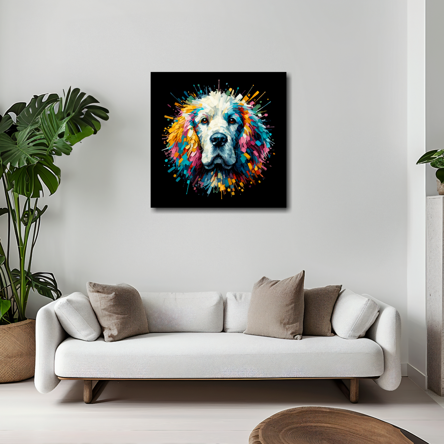 20 inch by 20 inch square canvas of a colourful Clumber Spaniel Dog head portrait on a black background. Mounted on a white wall above a white sofa with decorative pillows.