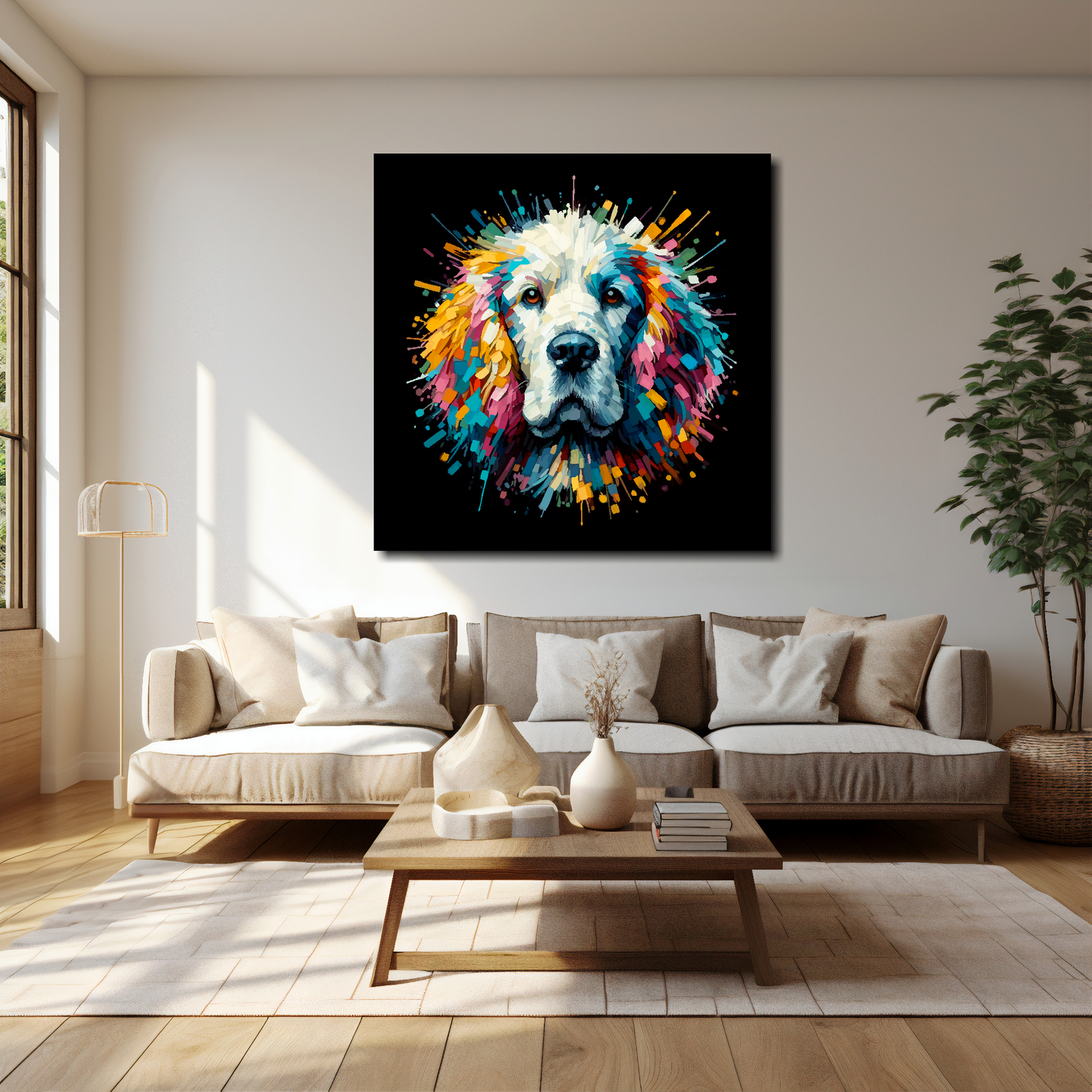 40 inch by 40 inch square canvas of a colourful Clumber Spaniel Dog head portrait on a black background. Mounted on a white wall above a cream sofa with decorative pillows.