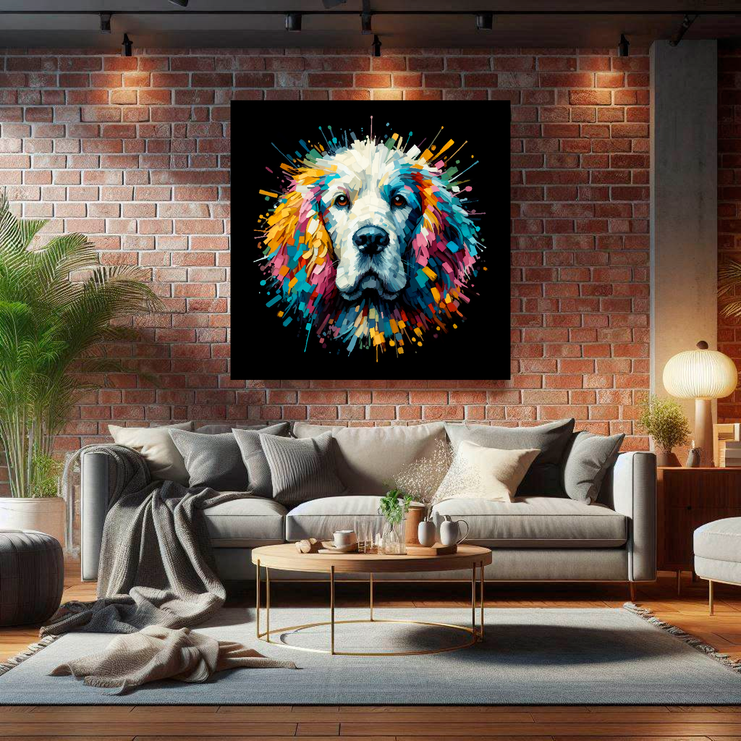 Large canvas wall art - A vibrant multi-coloured head portrait of a Clumber Spaniel. Available in 3 large sizes.
