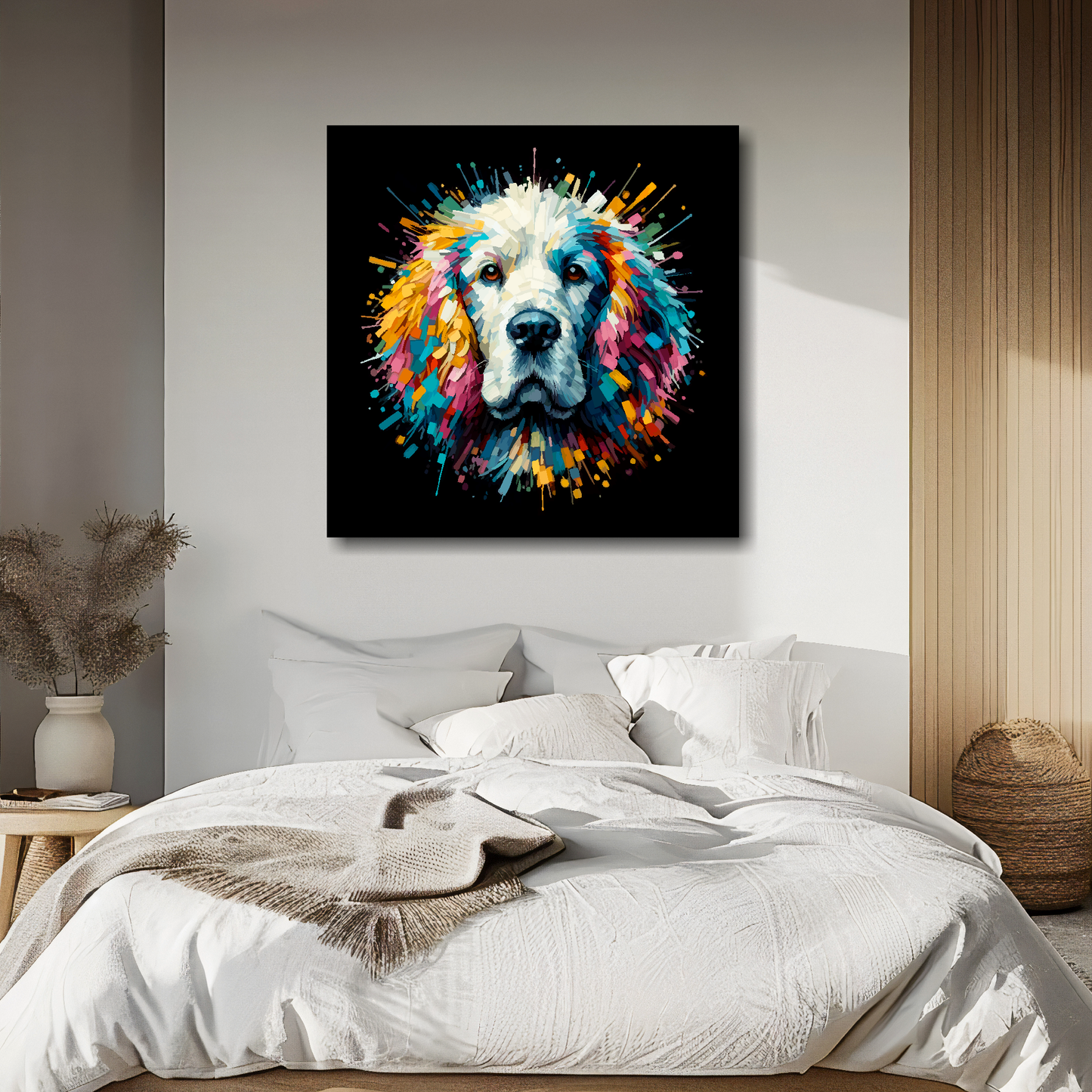 Large canvas wall art - A vibrant multi-coloured head portrait of a Clumber Spaniel. Available in 3 large sizes.