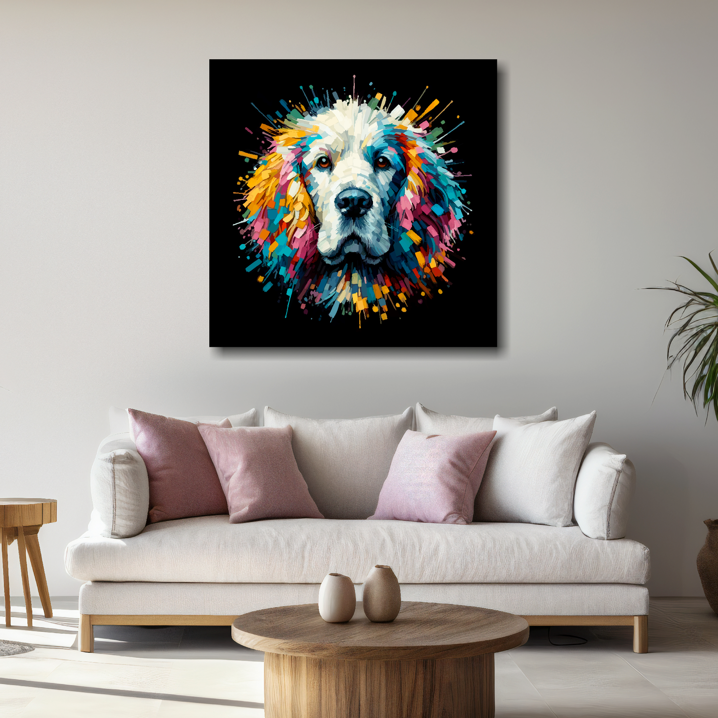 Large canvas wall art - A vibrant multi-coloured head portrait of a Clumber Spaniel. Available in 3 large sizes.
