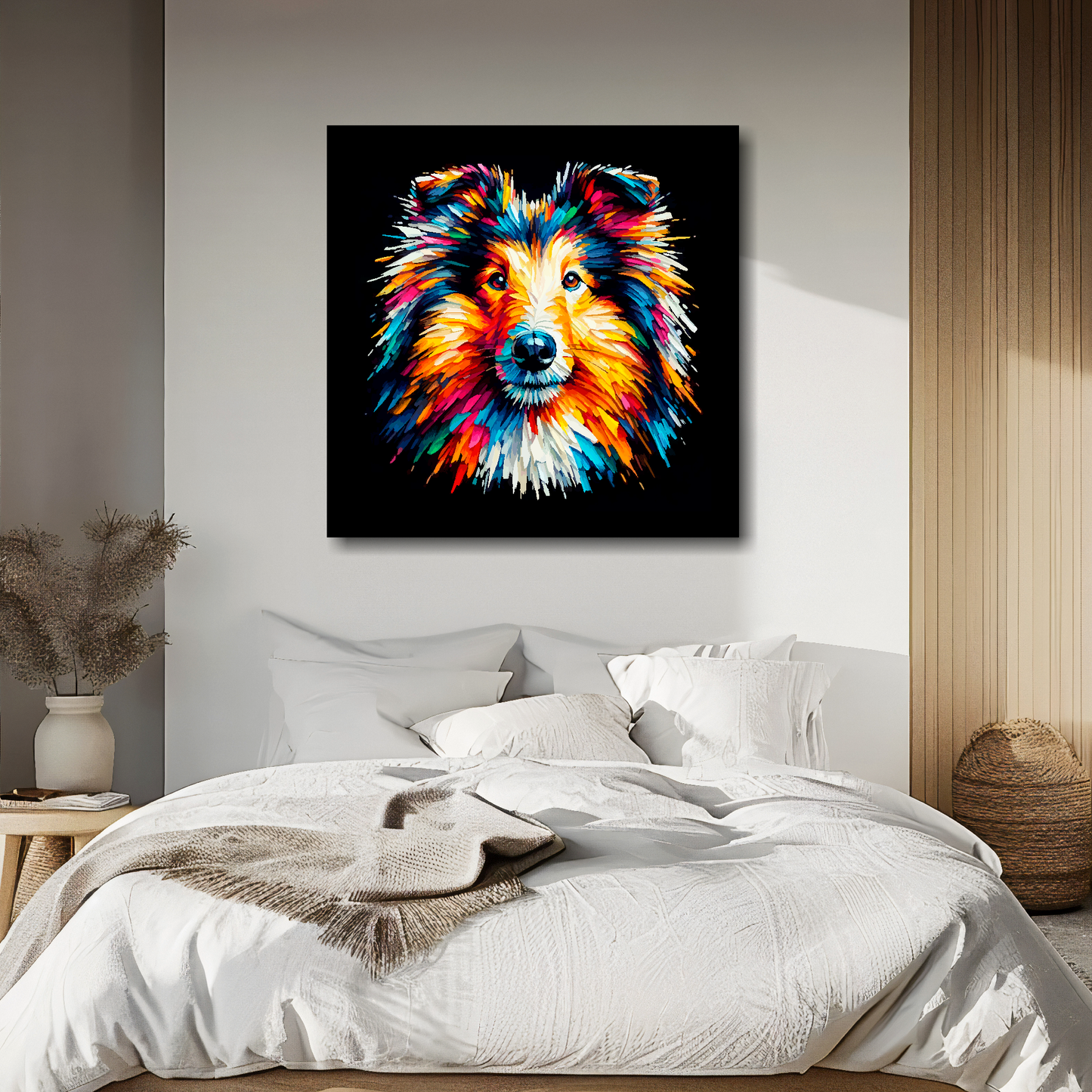 Large canvas wall art - A vibrant multi-coloured head portrait of a Rough Collie. Available in 3 large sizes.