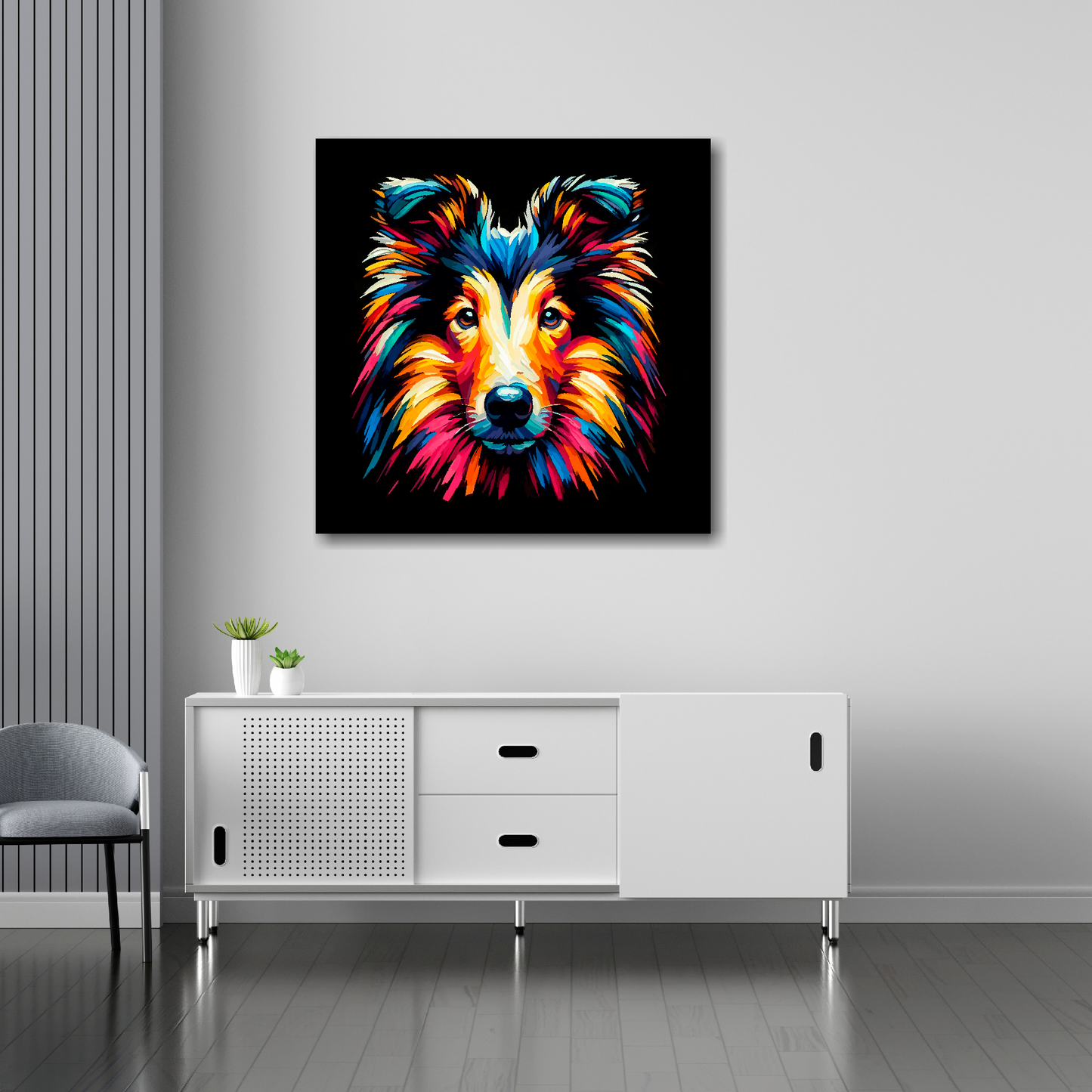 30 inch by 30 inch square canvas of a colourful Smooth Collie Dog head portrait on a black background. Mounted on a white wall above a white sideboard.