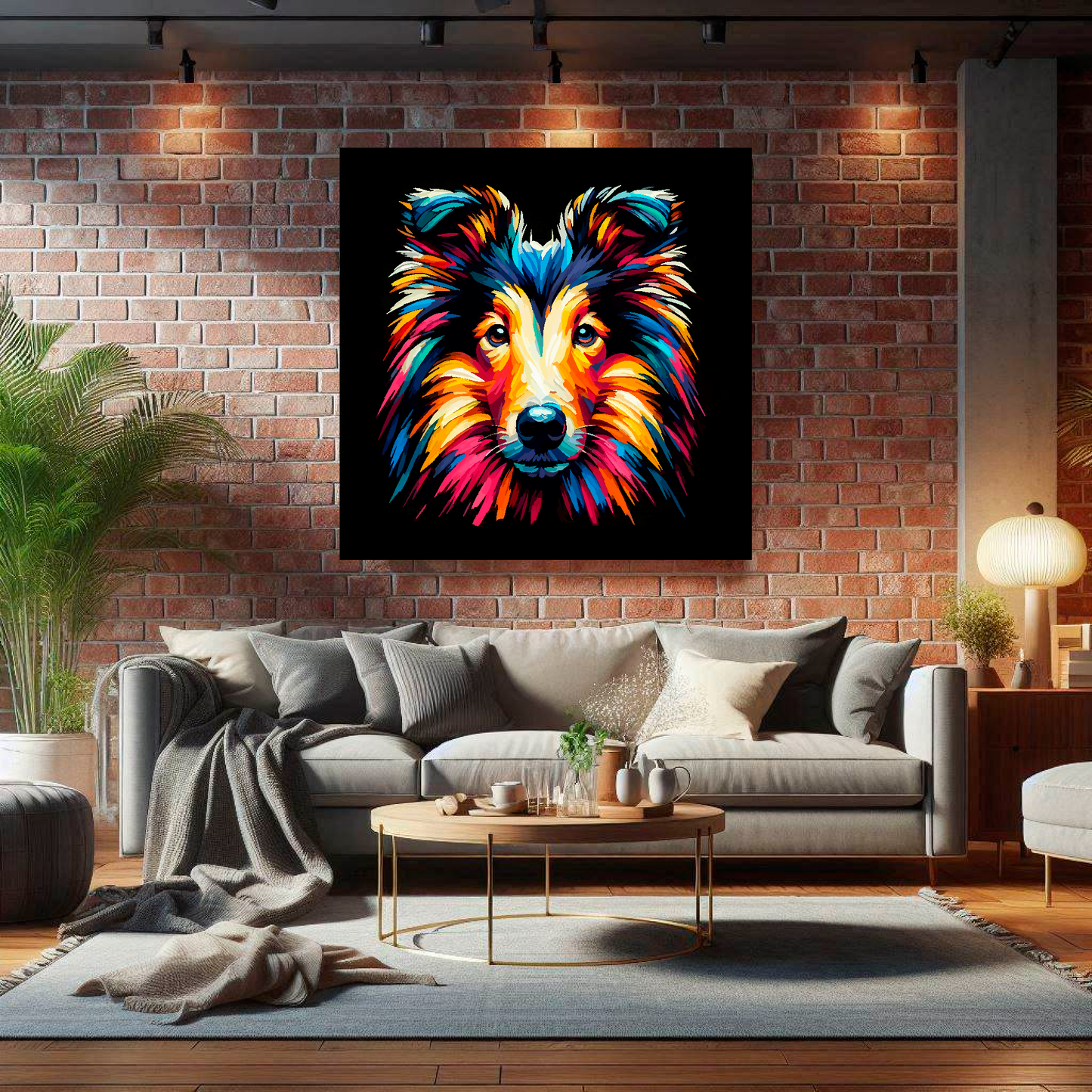 Large canvas wall art - A vibrant multi-coloured head portrait of a Smooth Collie. Available in 3 large sizes.