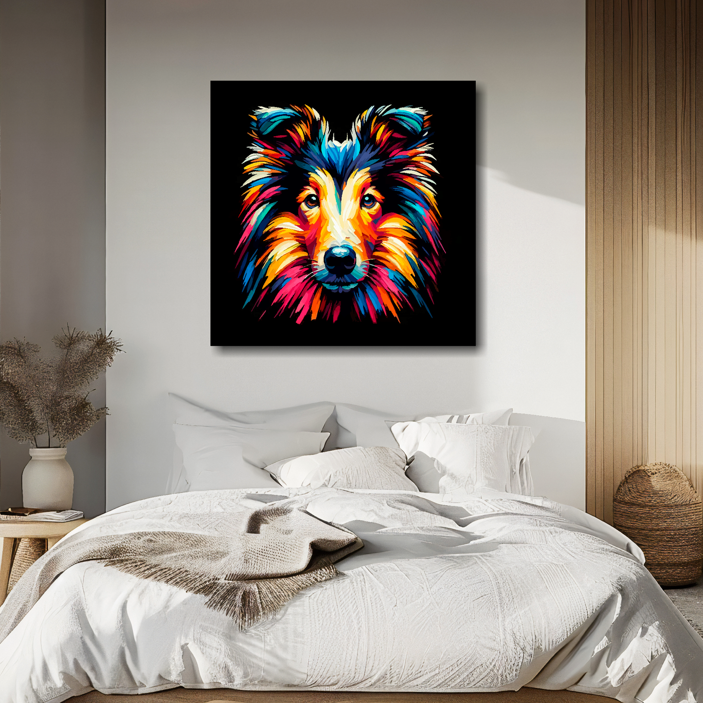 Large canvas wall art - A vibrant multi-coloured head portrait of a Smooth Collie. Available in 3 large sizes.