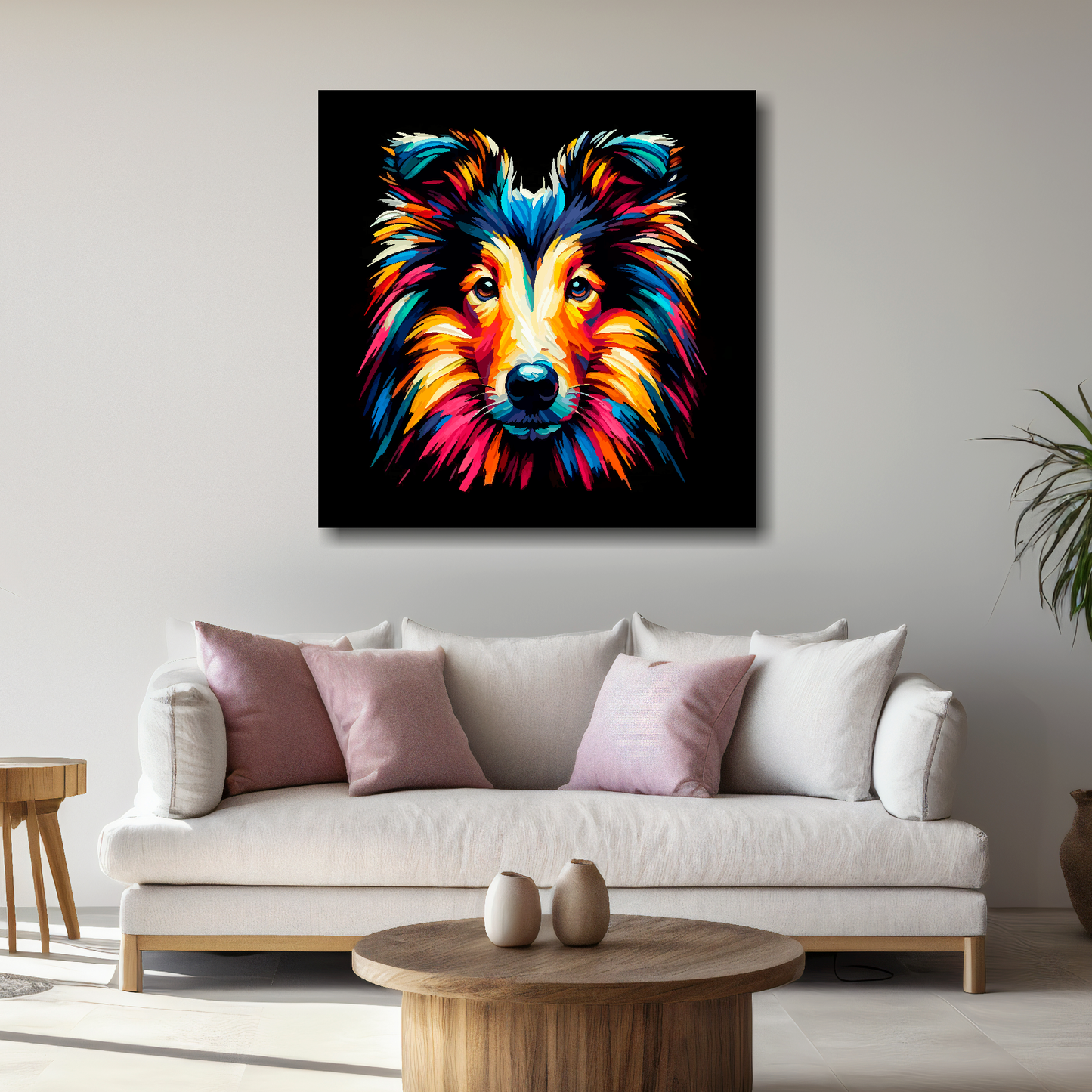 Large canvas wall art - A vibrant multi-coloured head portrait of a Smooth Collie. Available in 3 large sizes.