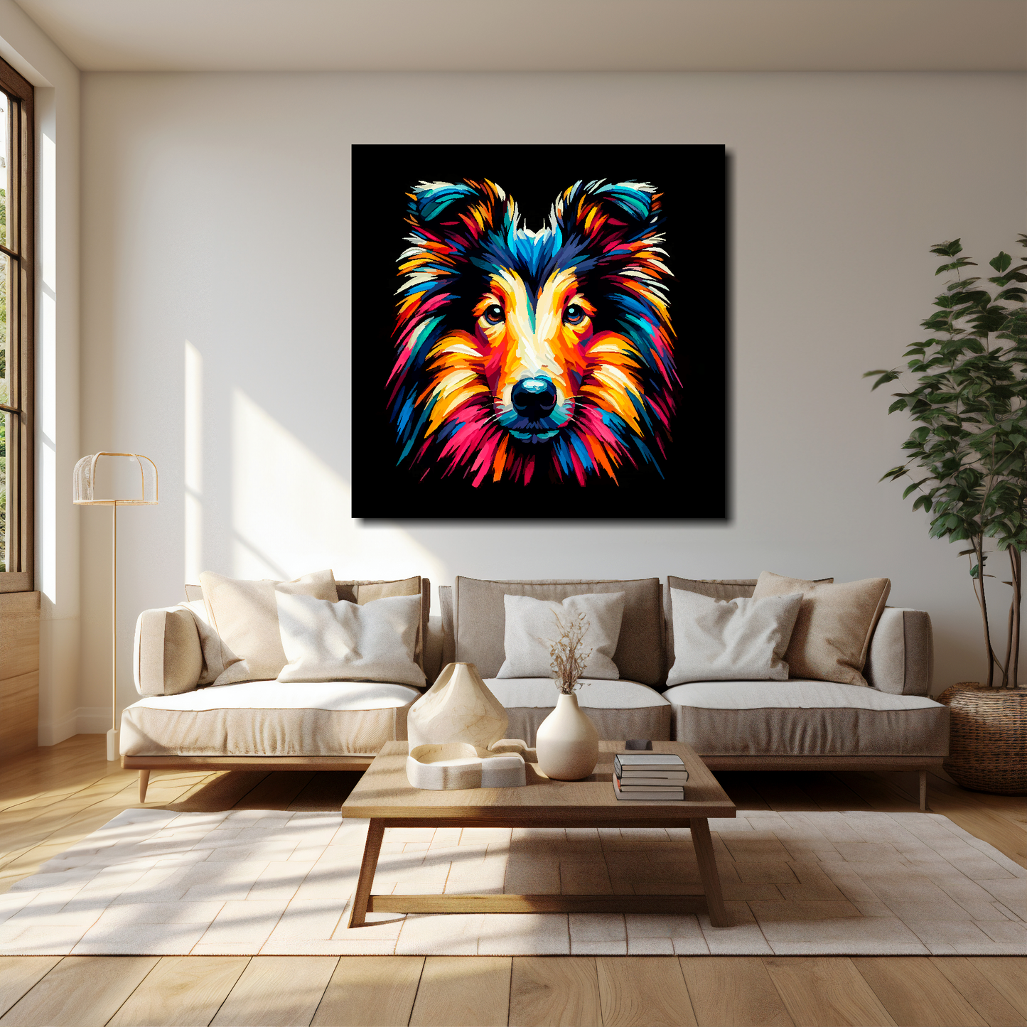 40 inch by 40 inch square canvas of a colourful Smooth Collie Dog head portrait on a black background. Mounted on a white wall above a cream sofa with decorative pillows.