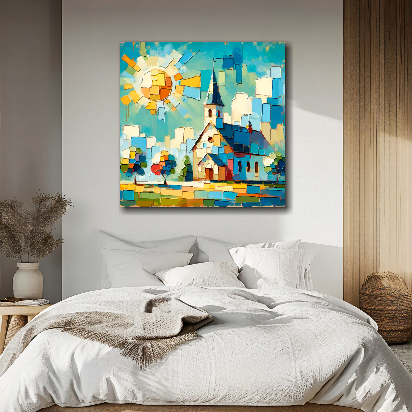 Large canvas wall art - Colourful Abstract of a Church landscape, bold and vibrant colours. Available in 3 large sizes.