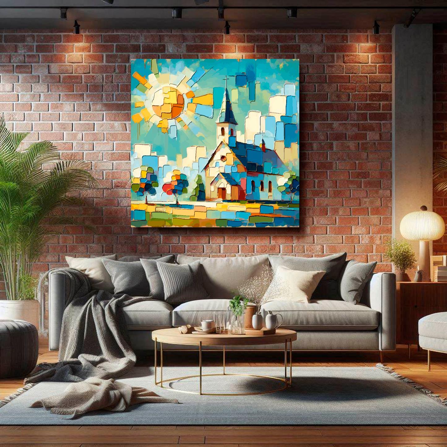 Large canvas wall art - Colourful Abstract of a Church landscape, bold and vibrant colours. Available in 3 large sizes.