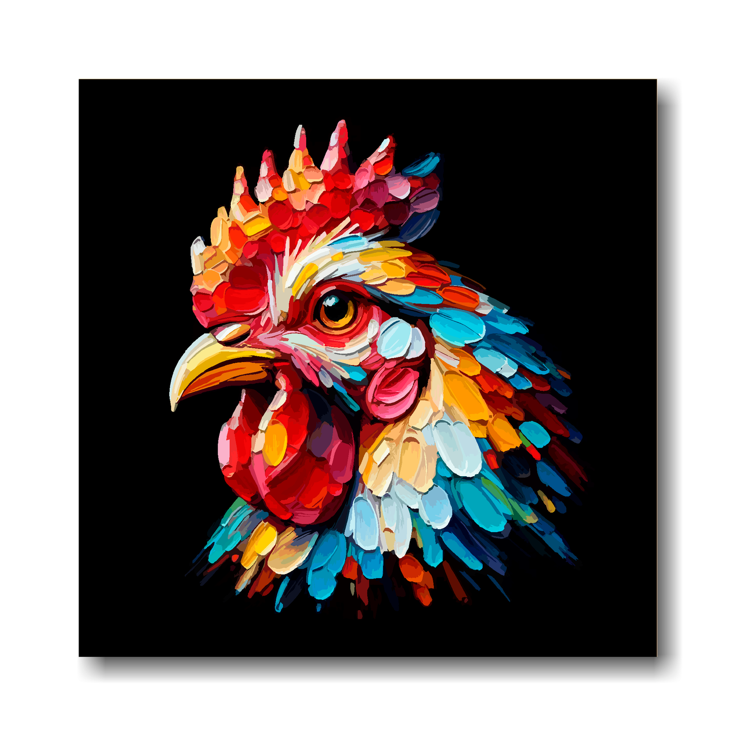 Large canvas wall art - Colourful Chicken portrait on a black background. Available in 3 large sizes.