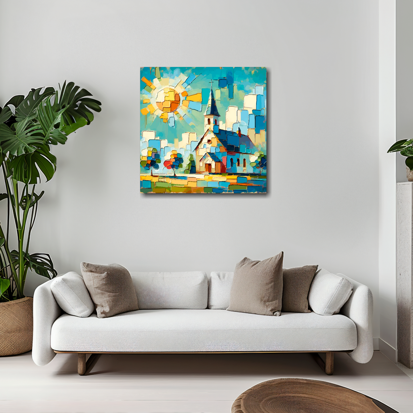 20 inch by 20 inch square canvas featuring a colourful church landscape. Mounted on a white wall above a white sofa with decorative pillows.