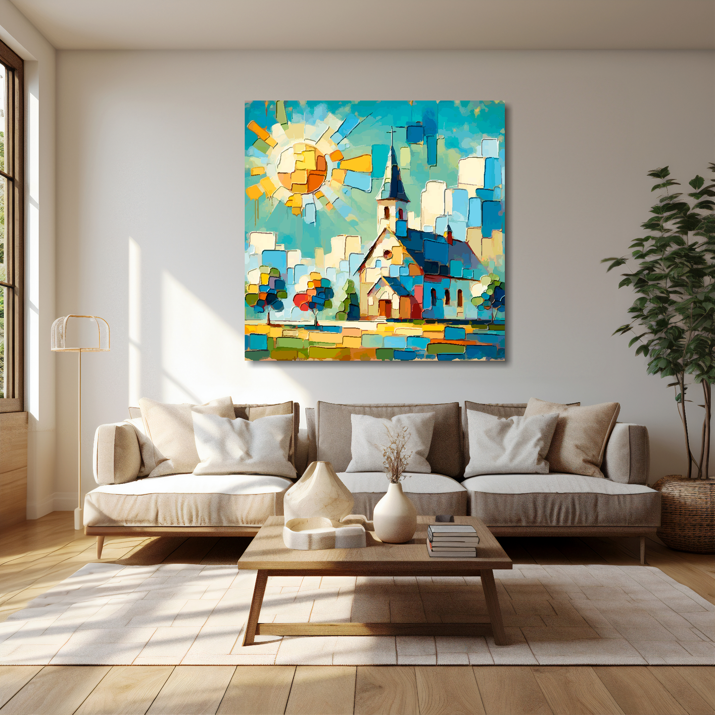40 inch by 40 inch square canvas featuring a colourful church landscape. Mounted on a cream wall above a cream sofa with decorative pillows.