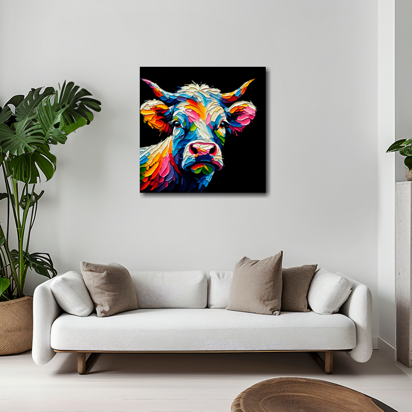 20 inch by 20 inch square canvas of a colourful Cow head portrait on a black background. Mounted on a white wall above a white sofa with decorative pillows.