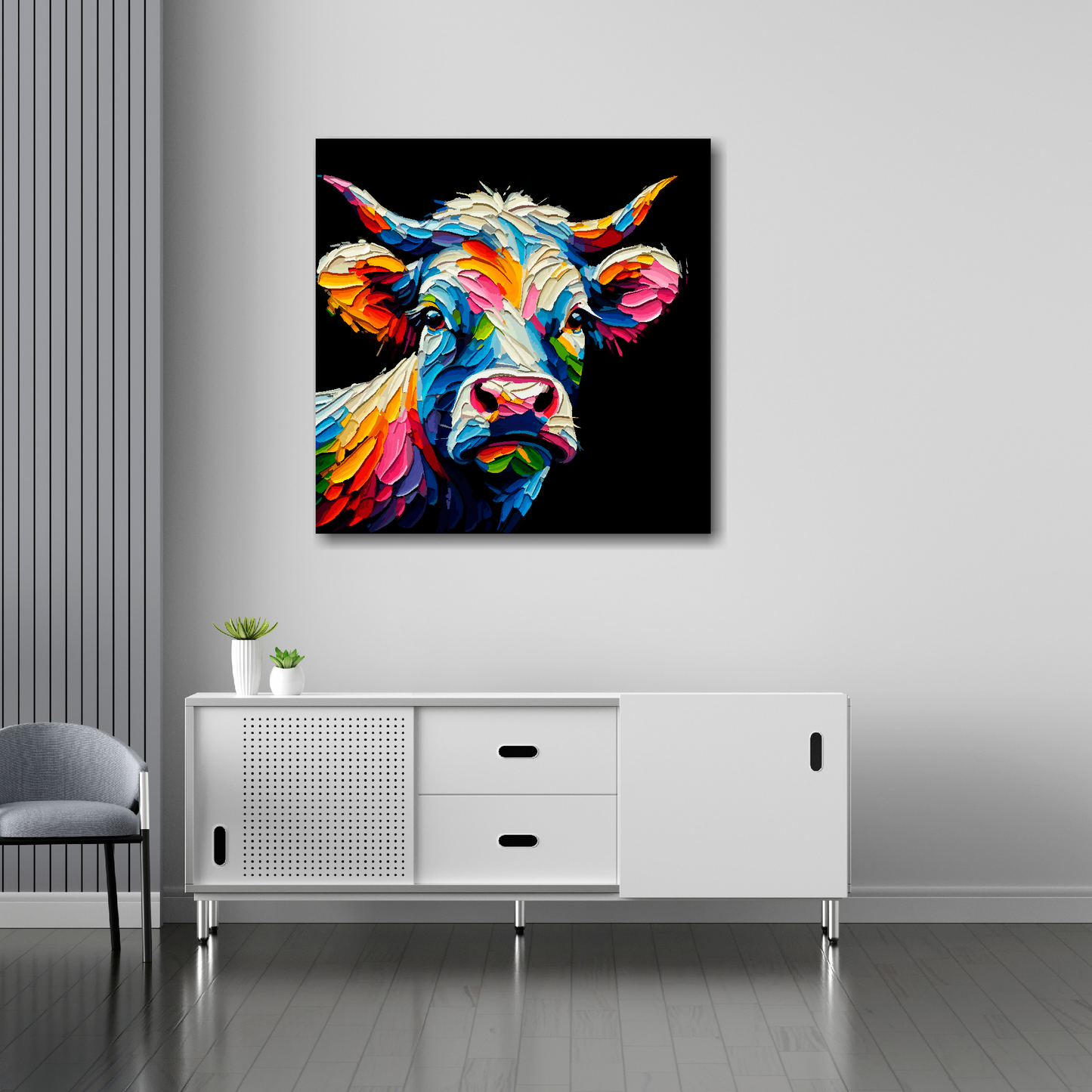 30 inch by 30 inch square canvas of a colourful Cow head portrait on a black background. Mounted on a white wall above a white sideboard.