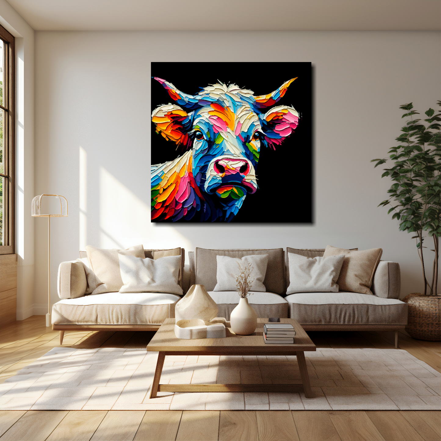 40 inch by 40 inch square canvas of a colourful Cow portrait on a black background. Mounted on a white wall above a cream sofa with decorative pillows.