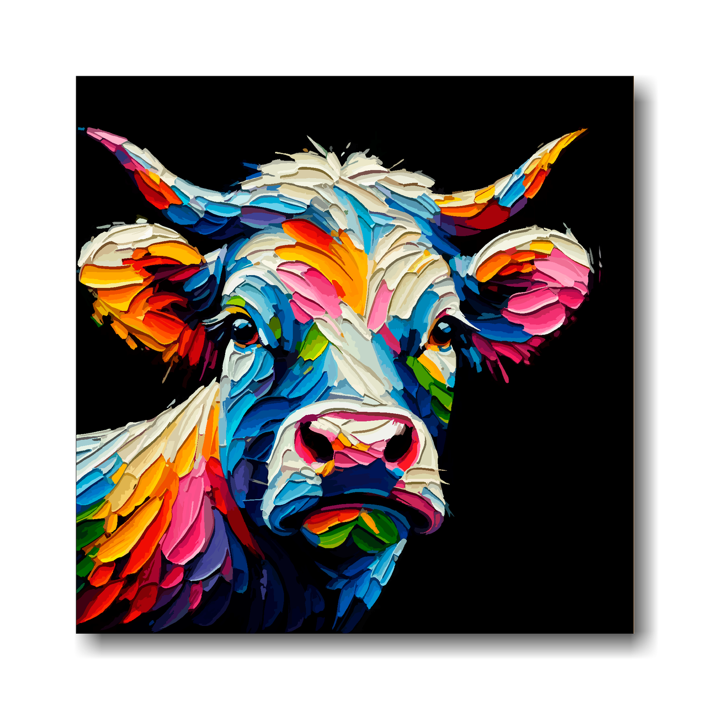Large canvas wall art - Colourful Cow portrait on a black background. Available in 3 large sizes.