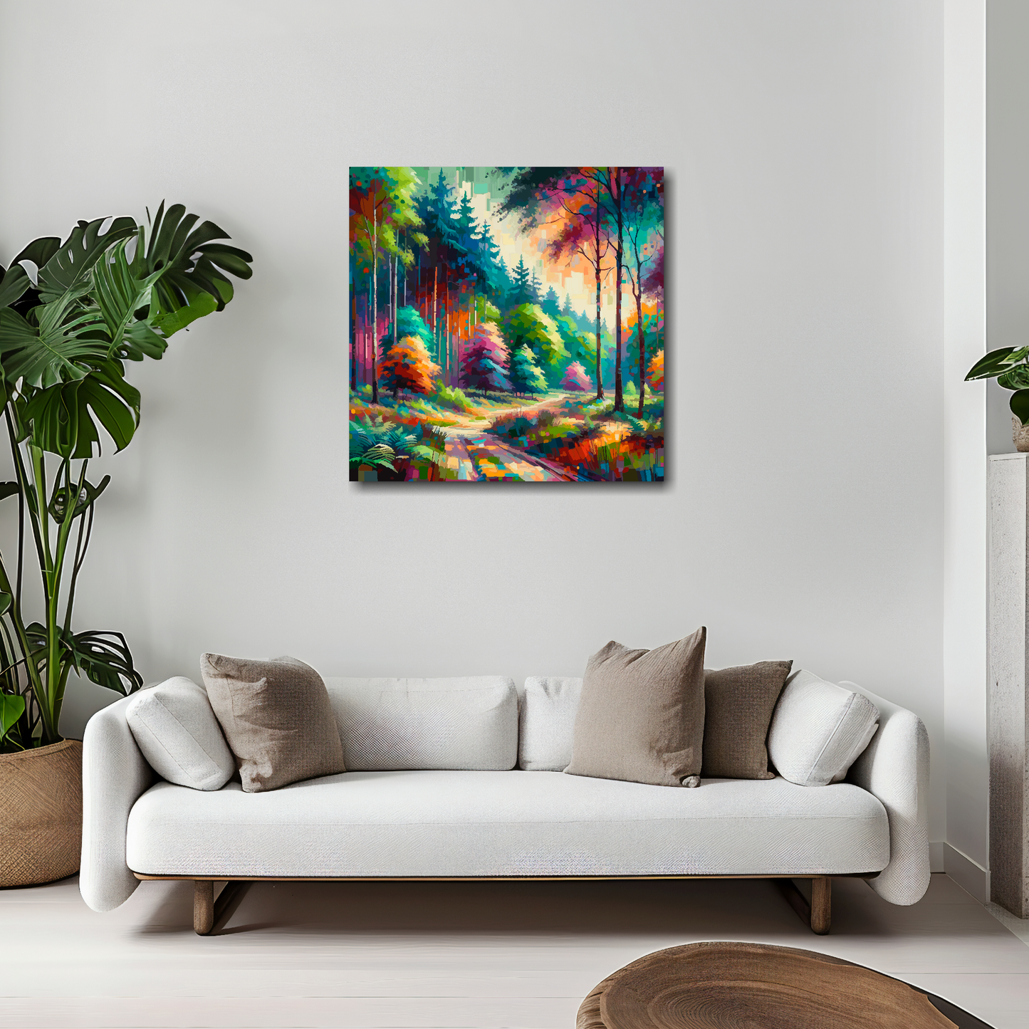 20 inch by 20 inch square canvas featuring a vibrant multi-coloured forest landscape. Mounted on a white wall above a white sofa with decorative pillows.
