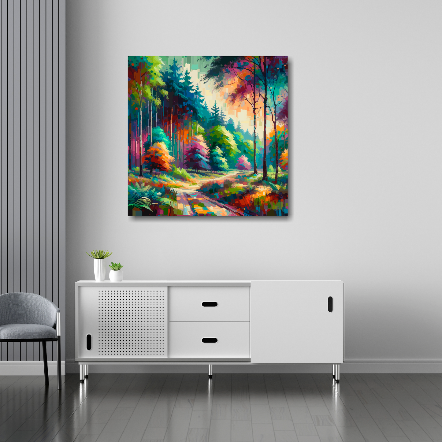 30 inch by 30 inch square canvas featuring a vibrant multi-coloured forest landscape. Mounted on a white wall above a white sideboard.