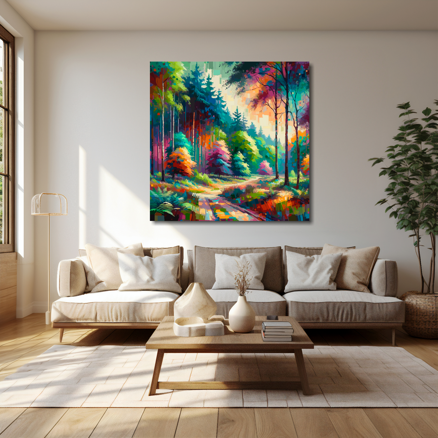 40 inch by 40 inch square canvas featuring a vibrant multi-coloured forest landscape. Mounted on a cream wall above a cream sofa with decorative pillows.