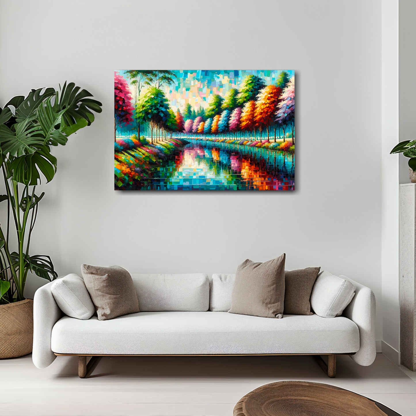 30 inch by 20 inch abstract canvas print of a colourful riverbank landscape. Mounted on a white wall above a white sofa with decorative pillows.