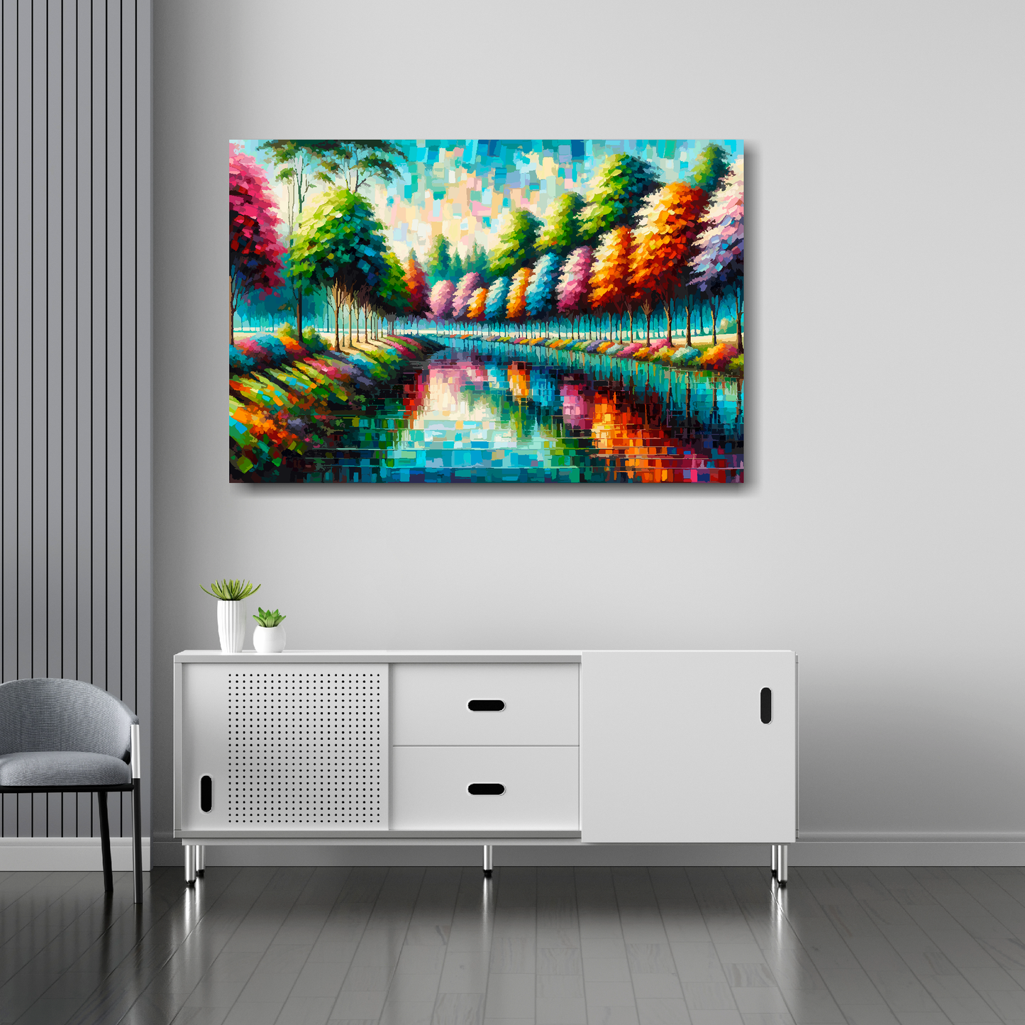 36 inch by 24 inch abstract canvas print of a colourful riverbank landscape. Mounted on a white wall above a white sideboard.
