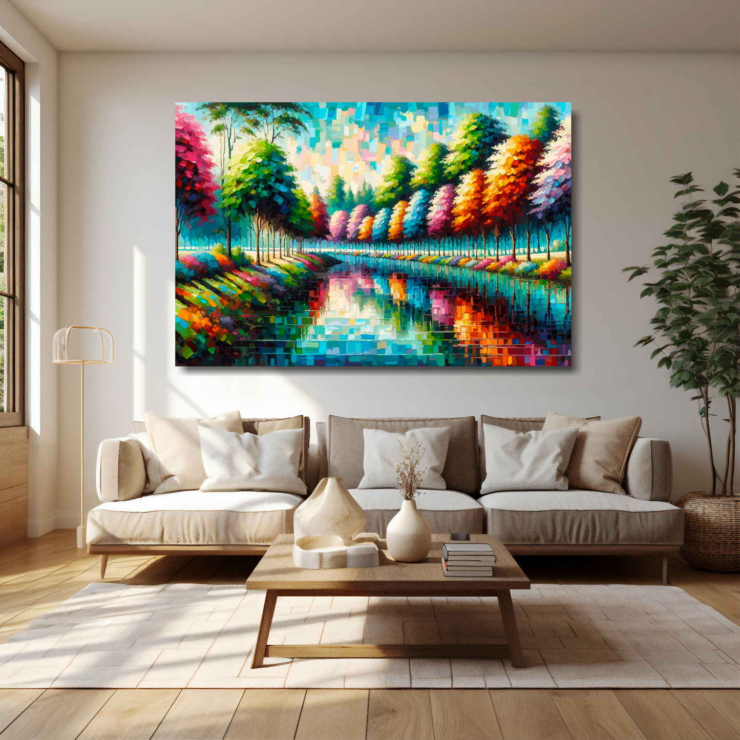 60 inch by 40 inch abstract canvas print of a colourful riverbank landscape. Mounted on a cream wall above a cream sofa with decorative pillows.