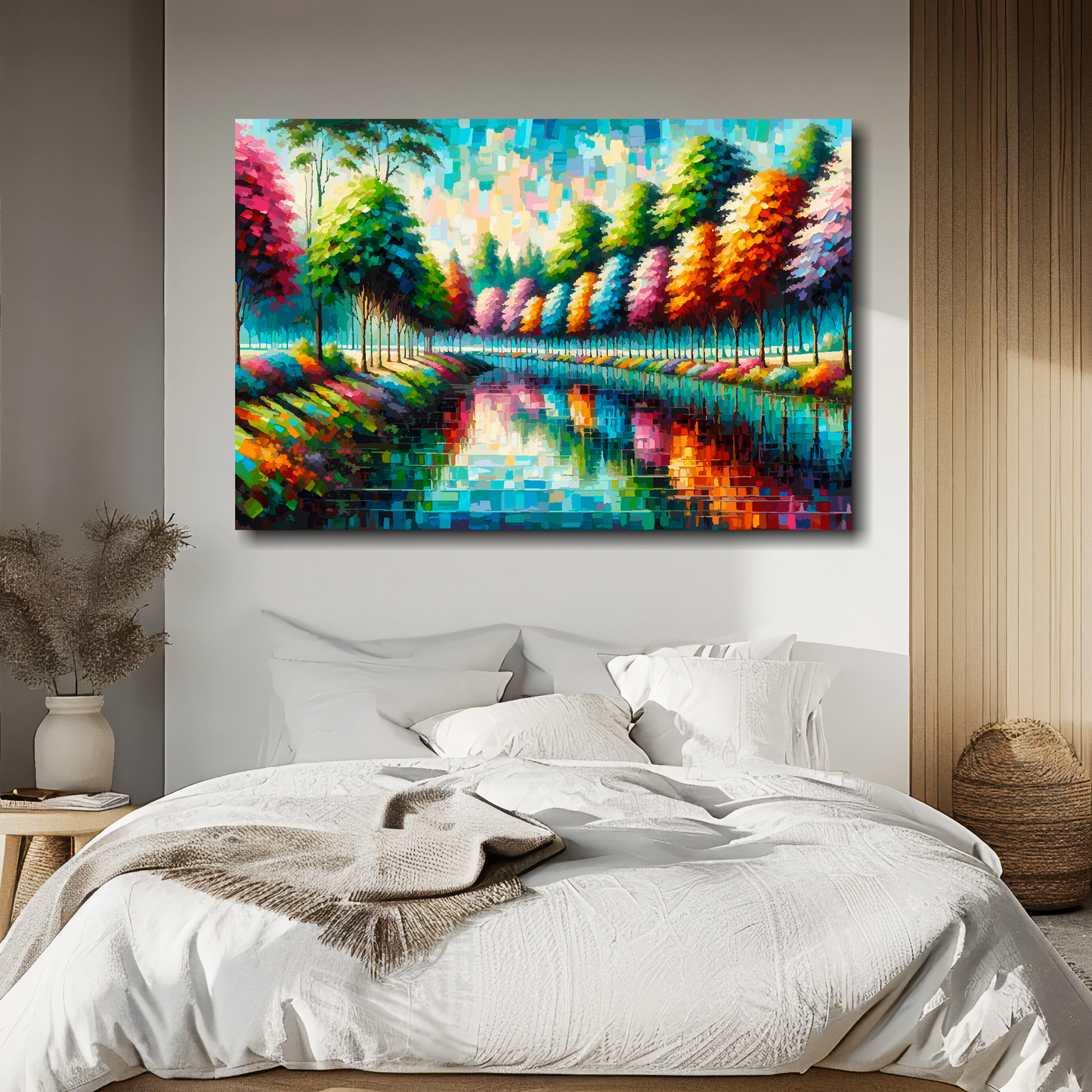 Colourful abstract painting of a forest scene above a bed in a bedroom.