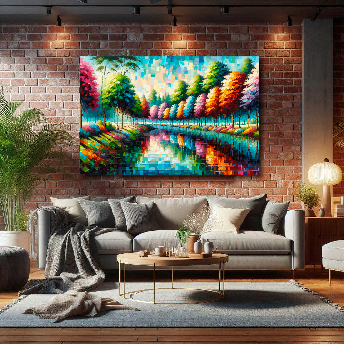 Colorful abstract painting of a forest scene on a brick wall above a gray sofa.