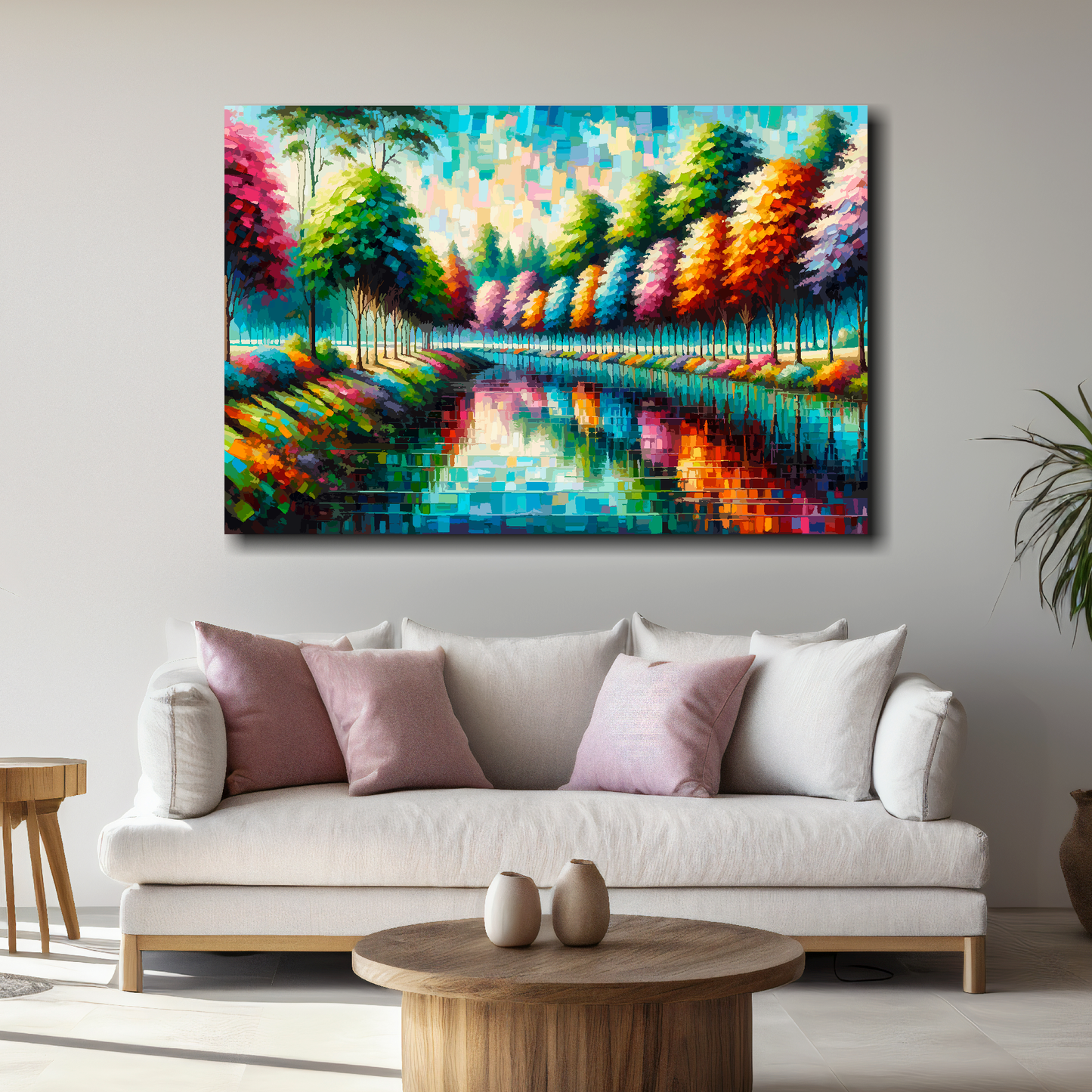 Colorful abstract painting of a forest scene above a white sofa in a living room.