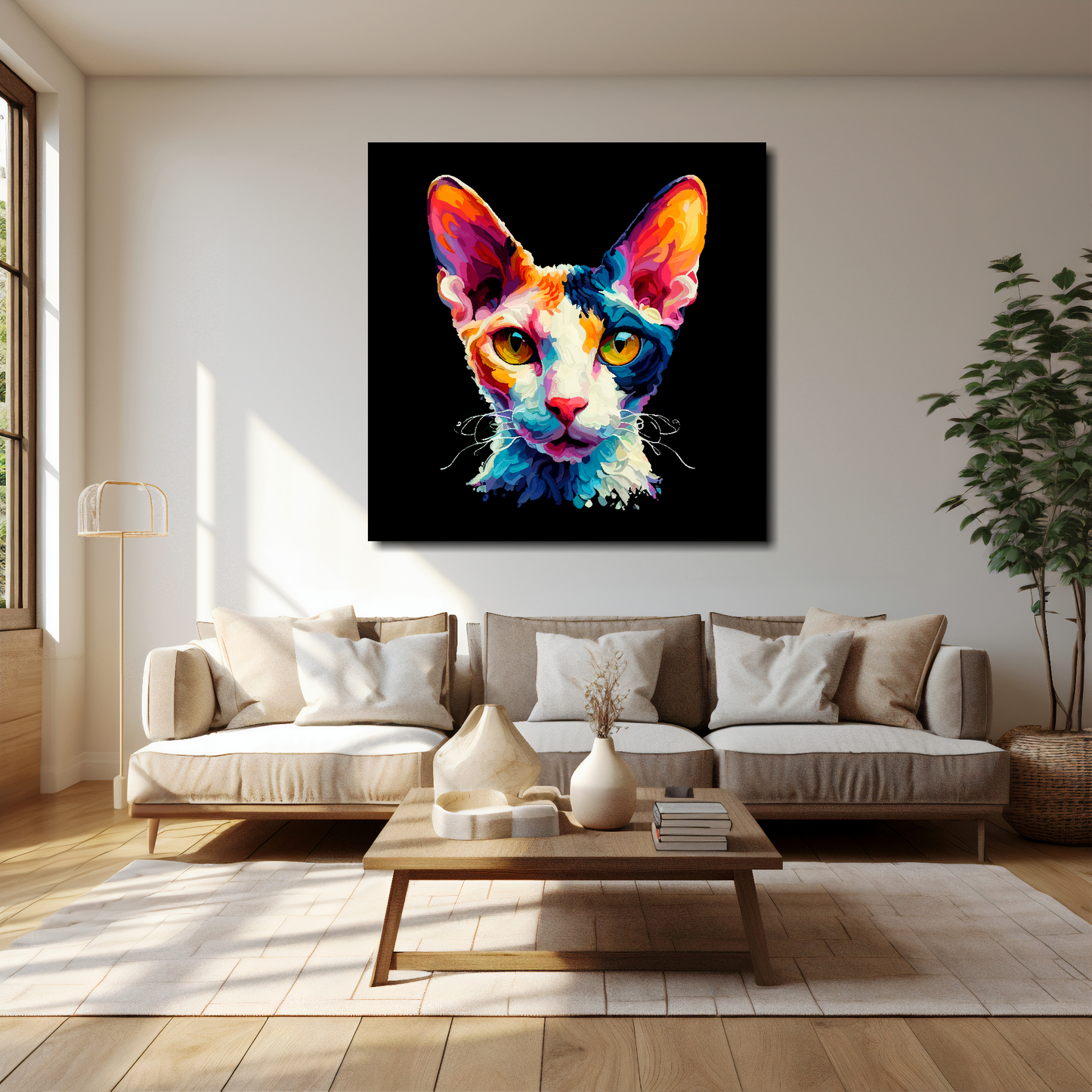 40 inch by 40 inch square canvas of a colourful Cornish Rex cat head portrait on a black background. Mounted on a white wall above a cream sofa with decorative pillows.