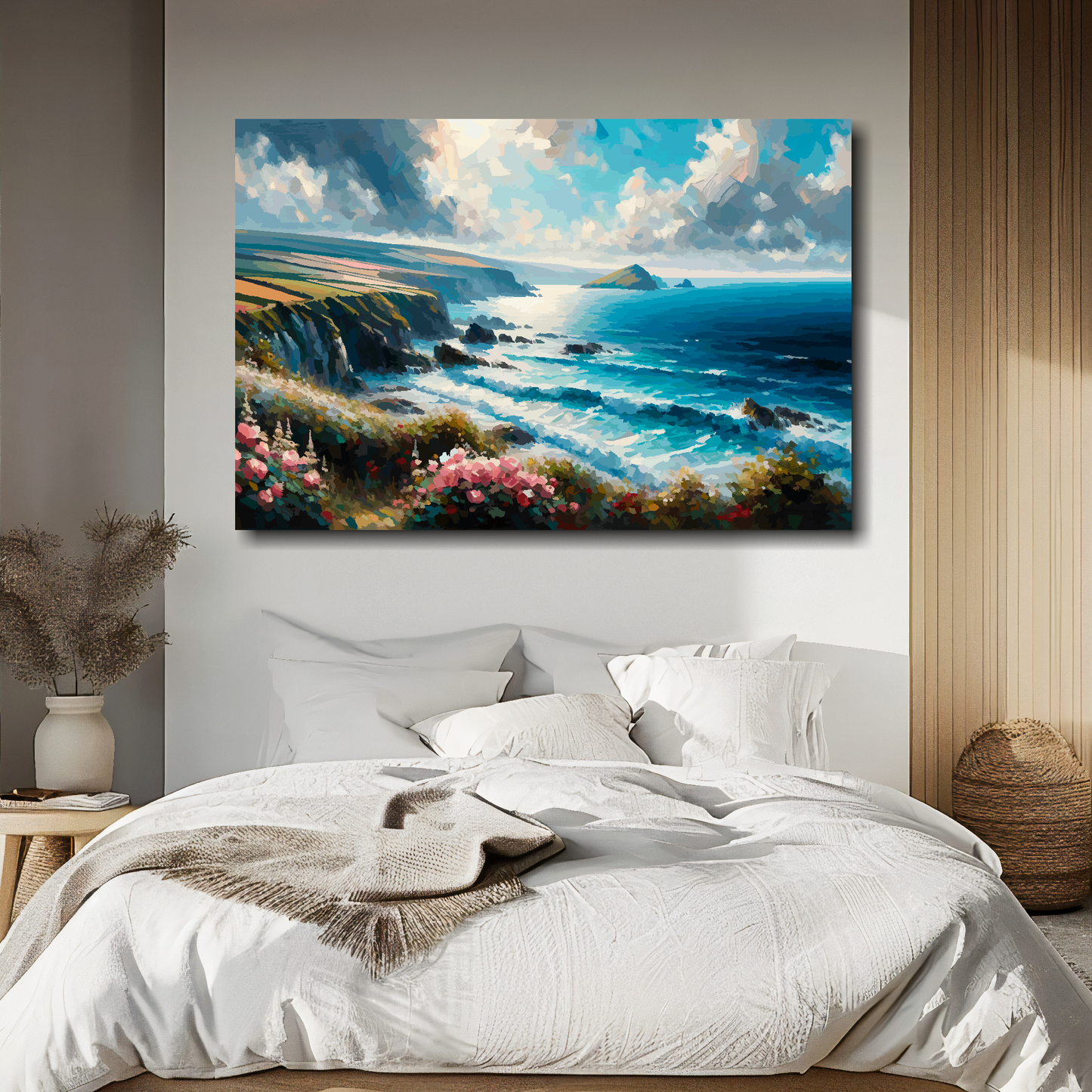Painting of a coastal scene with flowers above a bed in a bedroom.