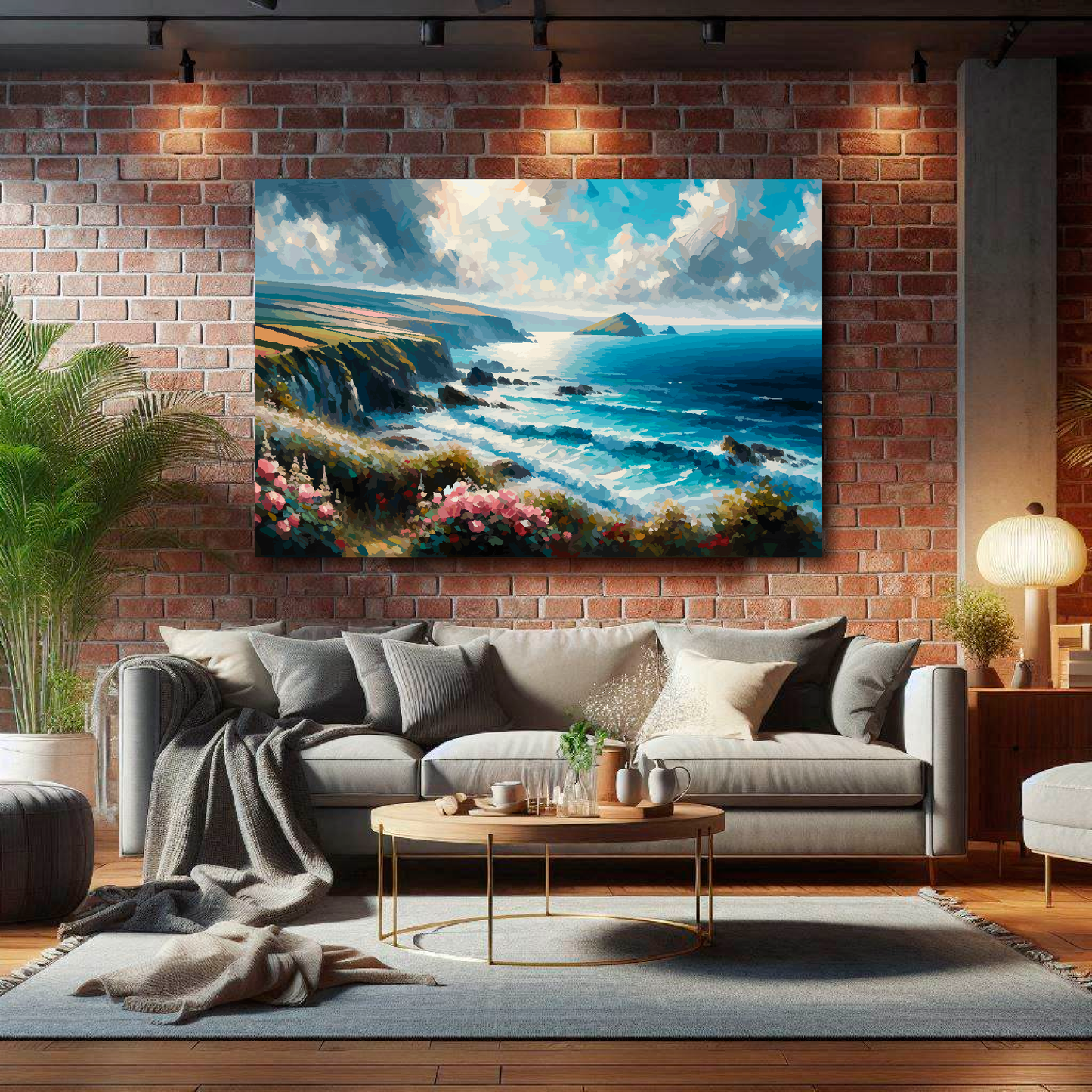 Living room with a gray sofa, coffee table, and a large painting of a coastal scene on a brick wall.