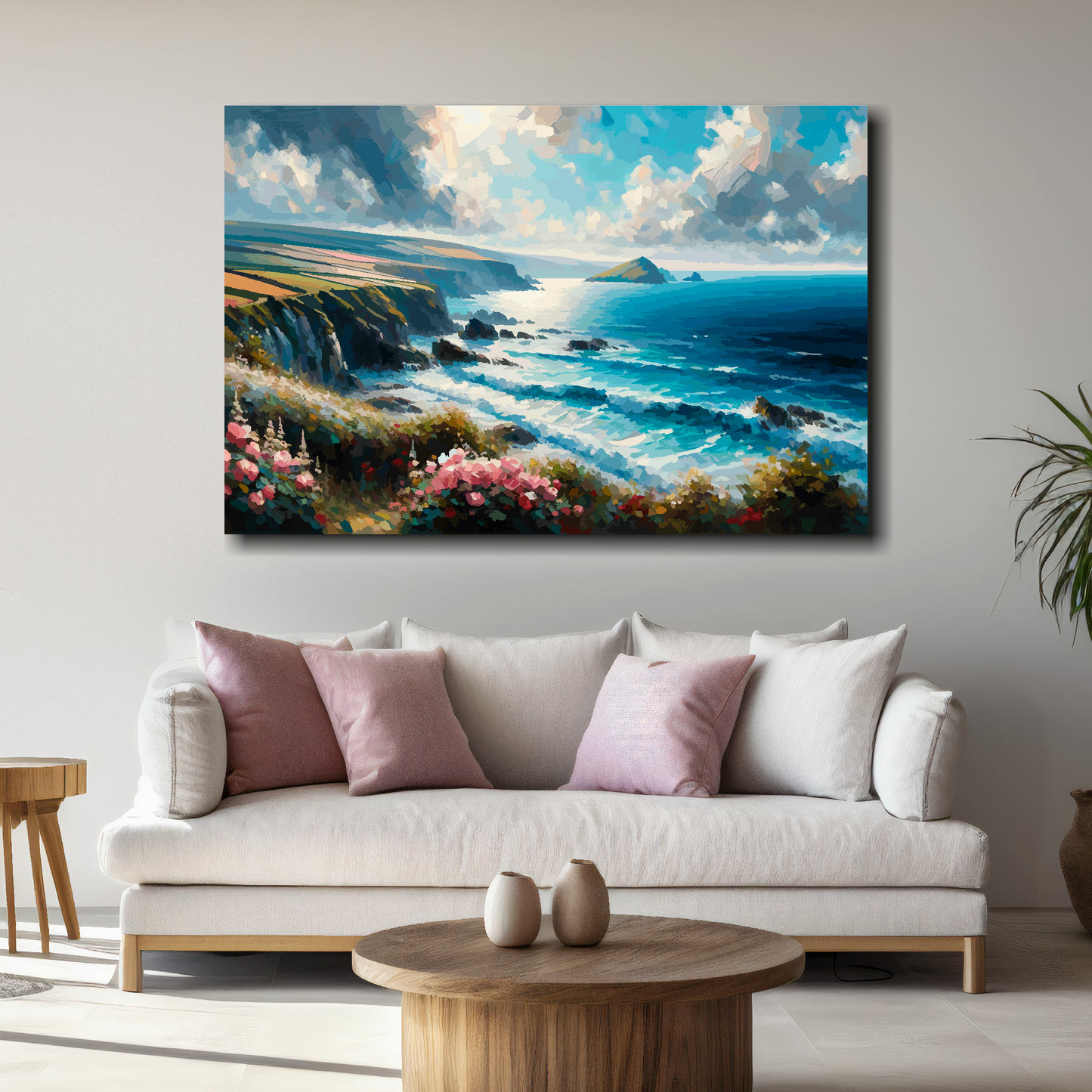 Coastal landscape painting above a white sofa with pink and white cushions in a living room.