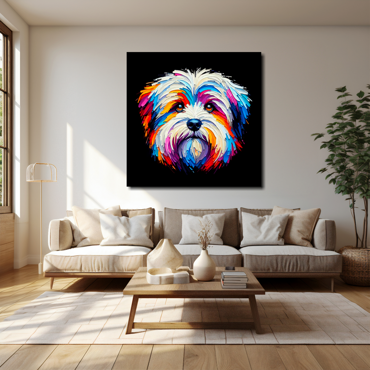 40 inch by 40 inch square canvas featuring a multi-coloured Coton De Tulear dog portrait. Mounted on a cream wall above a cream sofa with decorative pillows.