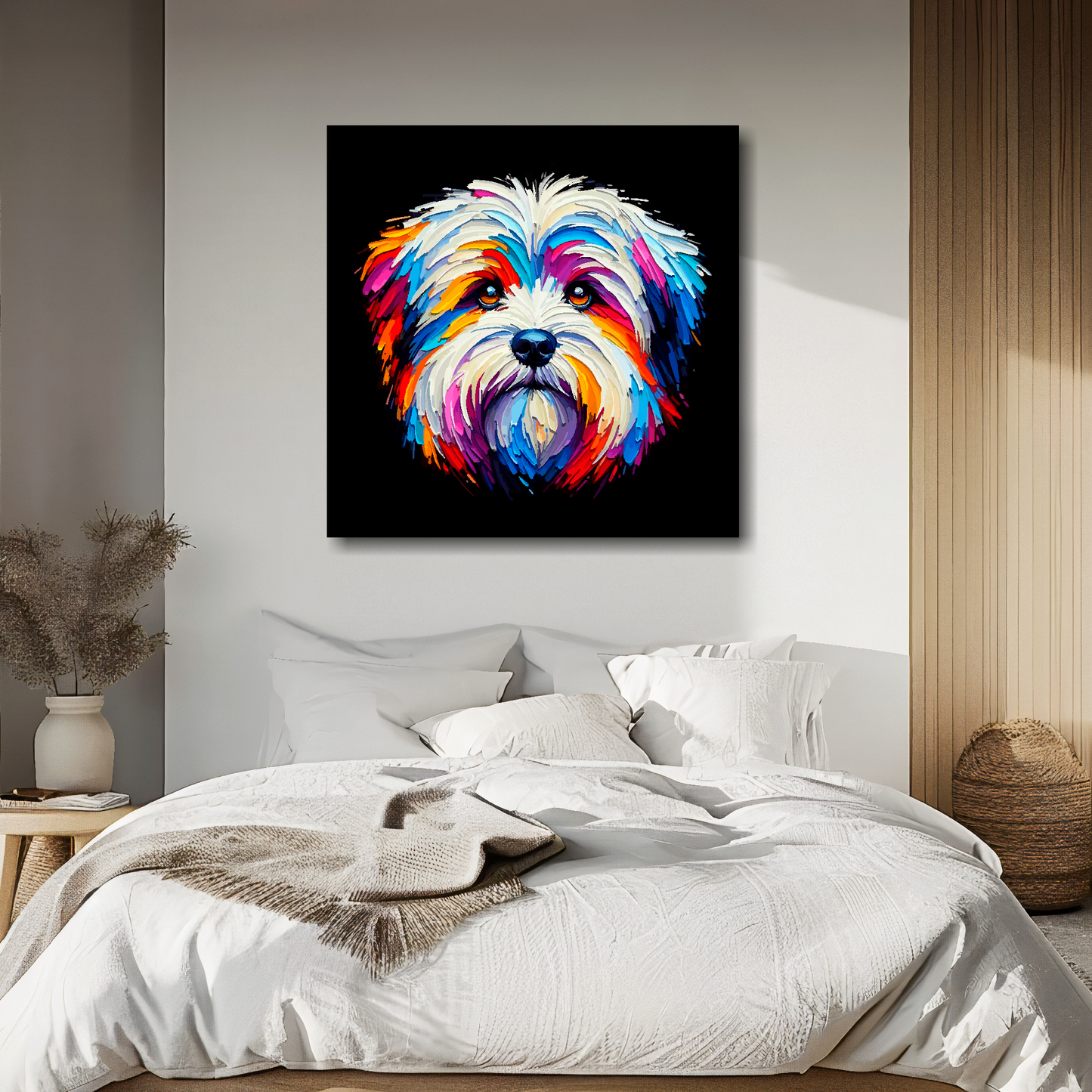 XL square canvas featuring a multi-coloured Coton De Tulear dog portrait. Mounted on a white wall above a double bed.