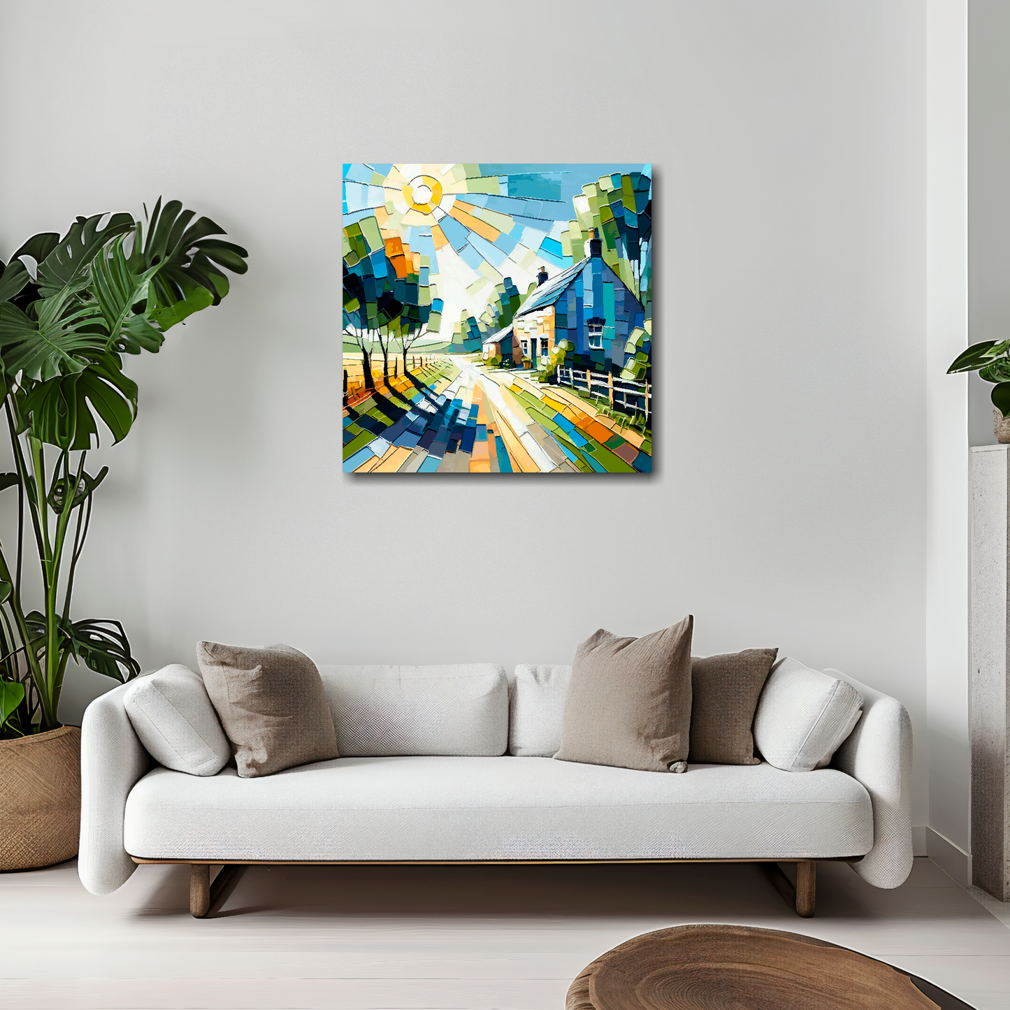 20 inch by 20 inch square canvas featuring a colourful abstract of an English country lane. Mounted on a white wall above a white sofa with decorative pillows.
