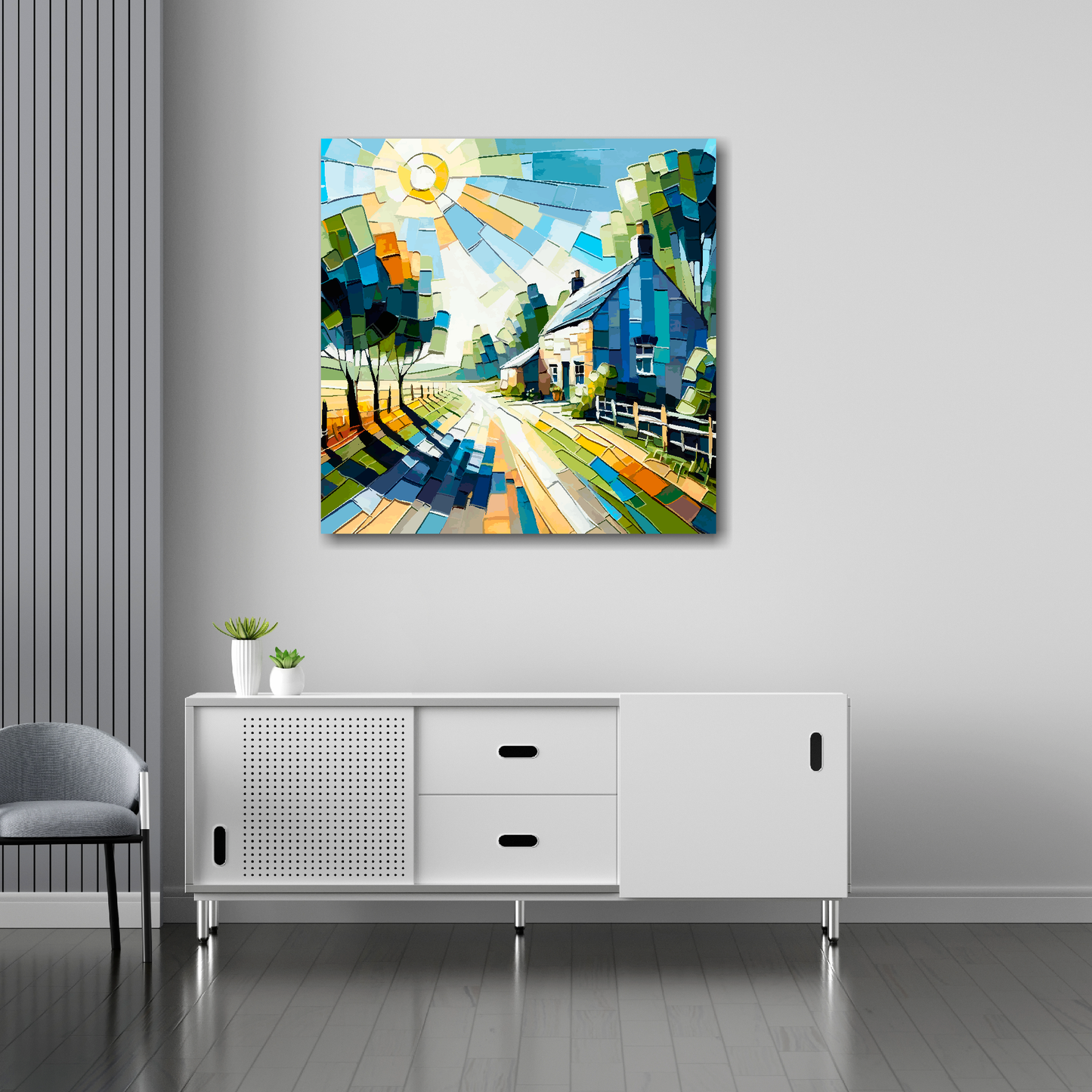 30 inch by 30 inch square canvas featuring a colourful abstract of an English country lane. Mounted on a white wall above a white sideboard.