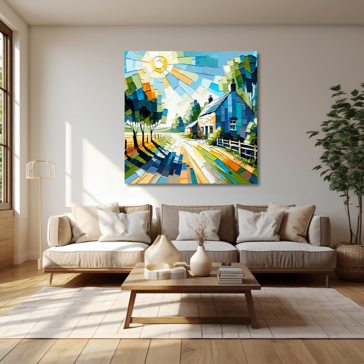 40 inch by 40 inch square canvas featuring a colourful abstract of an English country lane. Mounted on a cream wall above a cream sofa with decorative pillows.