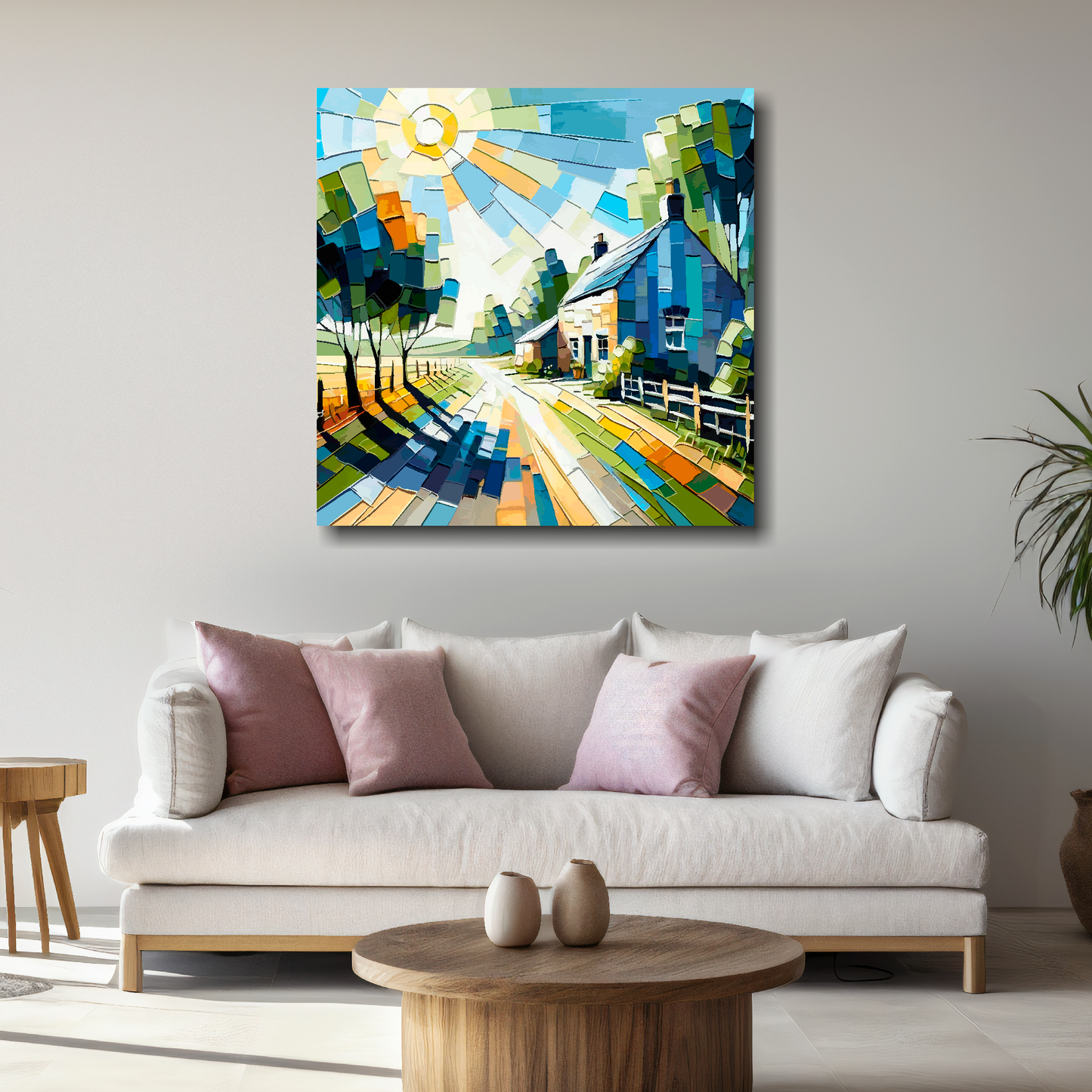 Large canvas wall art - Colourful Abstract of a Cottage lane landscape, bold and vibrant colours. Available in 3 large sizes.