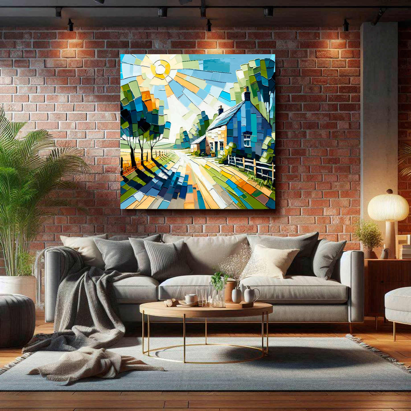 Large canvas wall art - Colourful Abstract of a Cottage lane landscape, bold and vibrant colours. Available in 3 large sizes.
