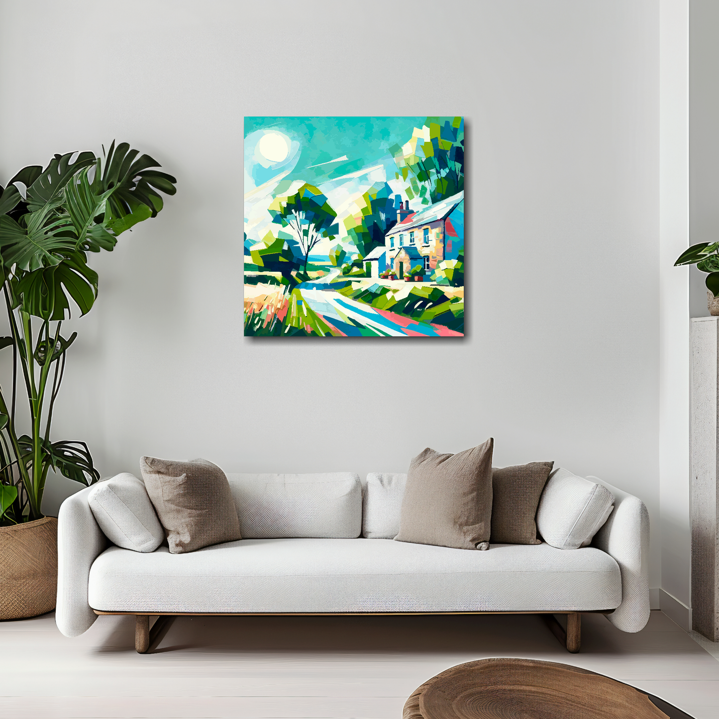 20 inch by 20 inch square canvas featuring a bold abstract of an English country lane. Mounted on a white wall above a white sofa with decorative pillows.