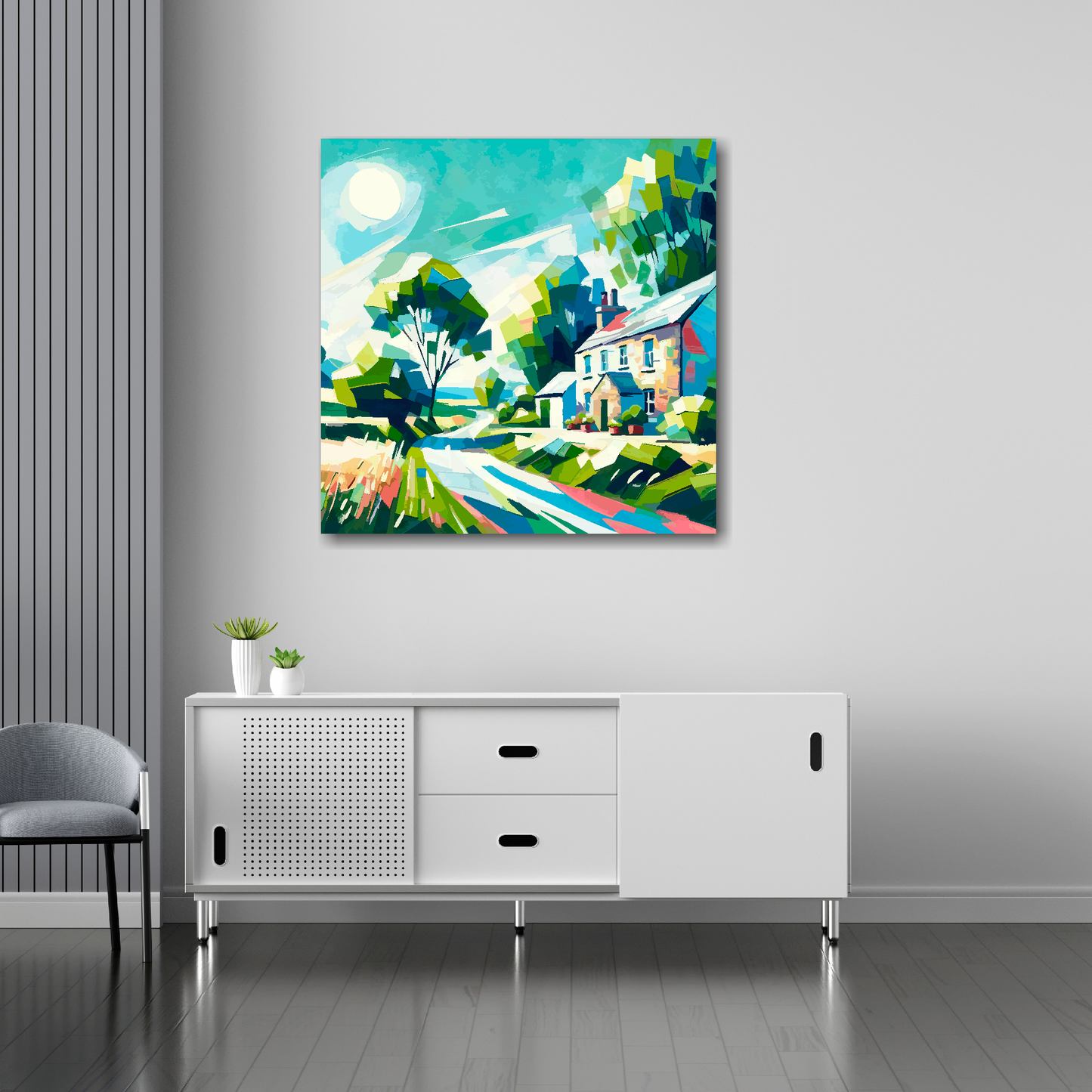 30 inch by 30 inch square canvas featuring a bold abstract of an English country lane. Mounted on a white wall above a white sideboard.