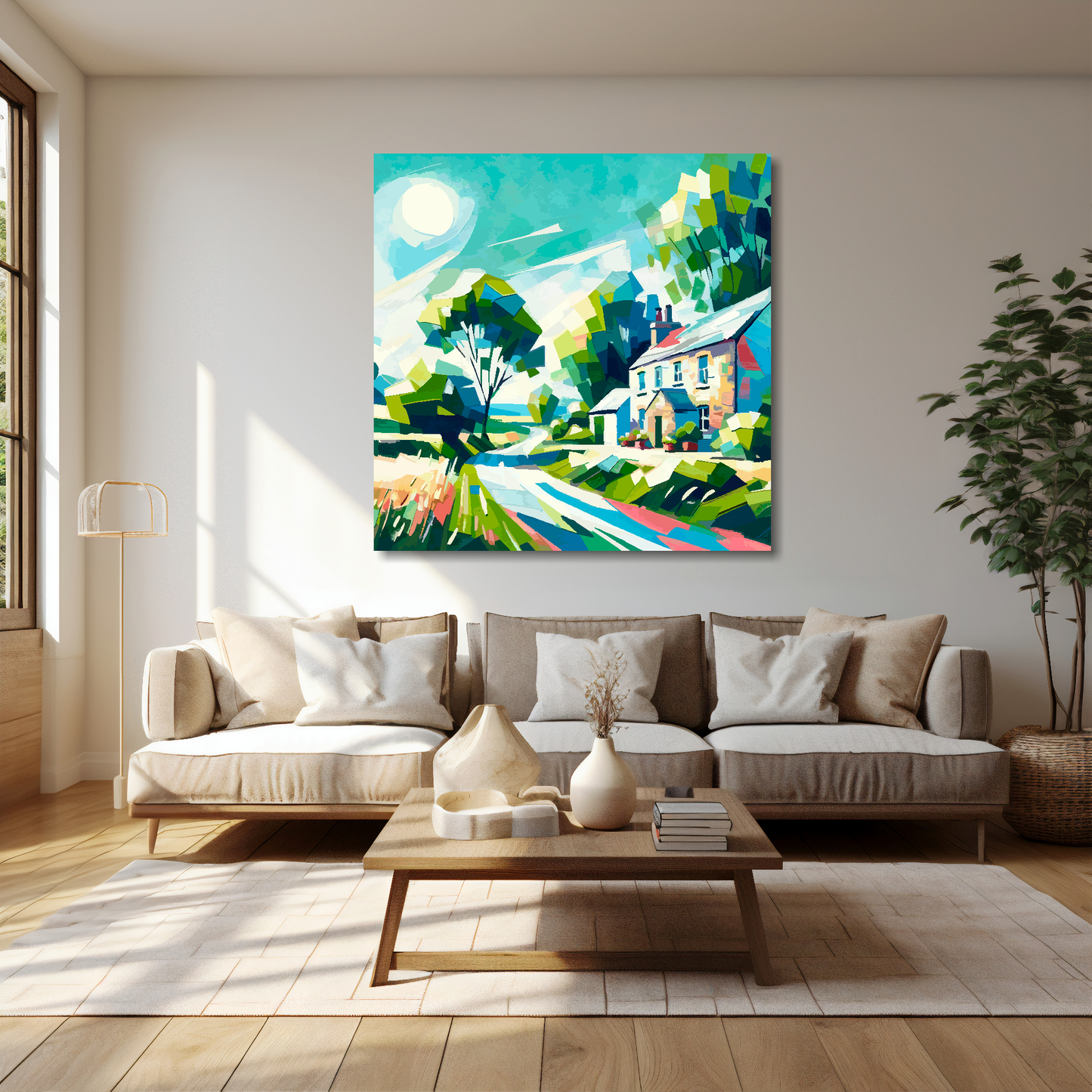40 inch by 40 inch square canvas featuring a bold abstract of an English country lane. Mounted on a cream wall above a cream sofa with decorative pillows.