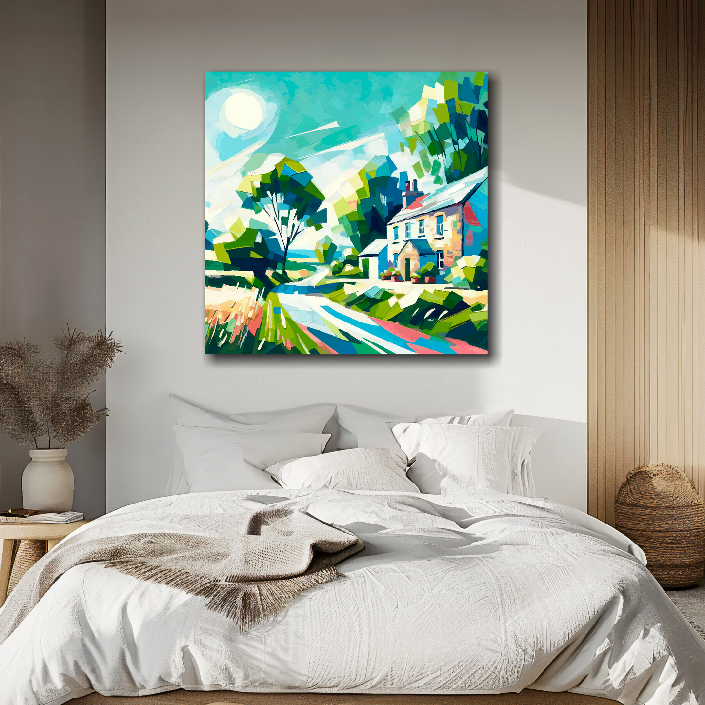 Large canvas wall art - Colourful Abstract of a country lane landscape, bold and vibrant colours. Available in 3 large sizes.