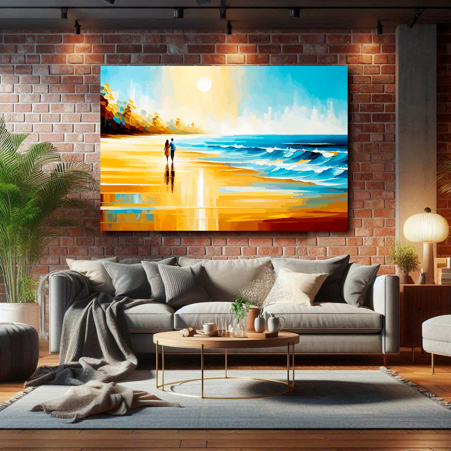 Large canvas wall art - A multi-coloured abstract of a couple walking along a beach. Available in 3 large sizes.