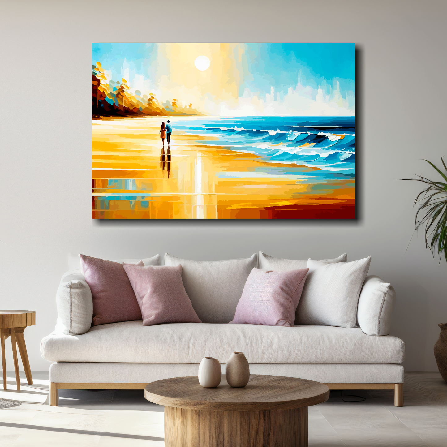 Large canvas wall art - A multi-coloured abstract of a couple walking along a beach. Available in 3 large sizes.