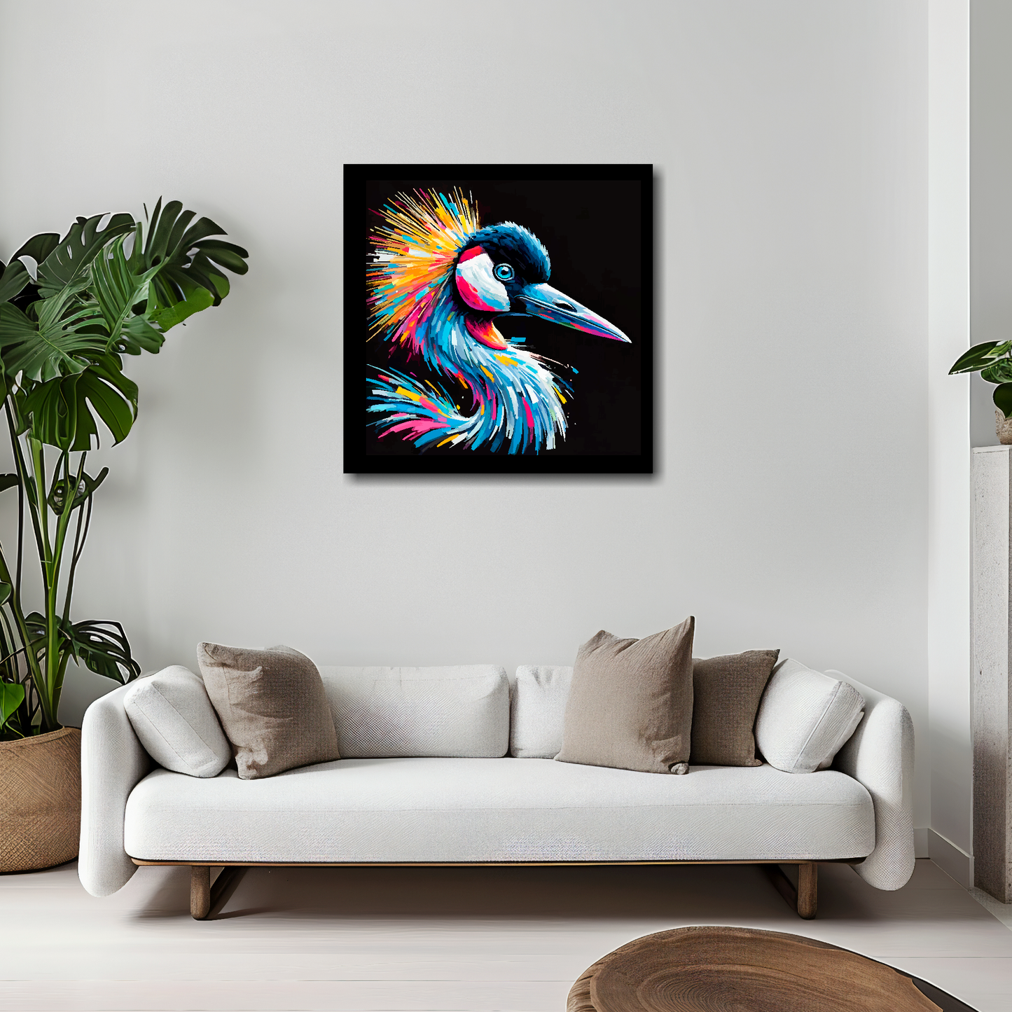 20 inch by 20 inch square canvas of a colourful Crane portrait on a black background. Mounted on a white wall above a white sofa with decorative pillows.
