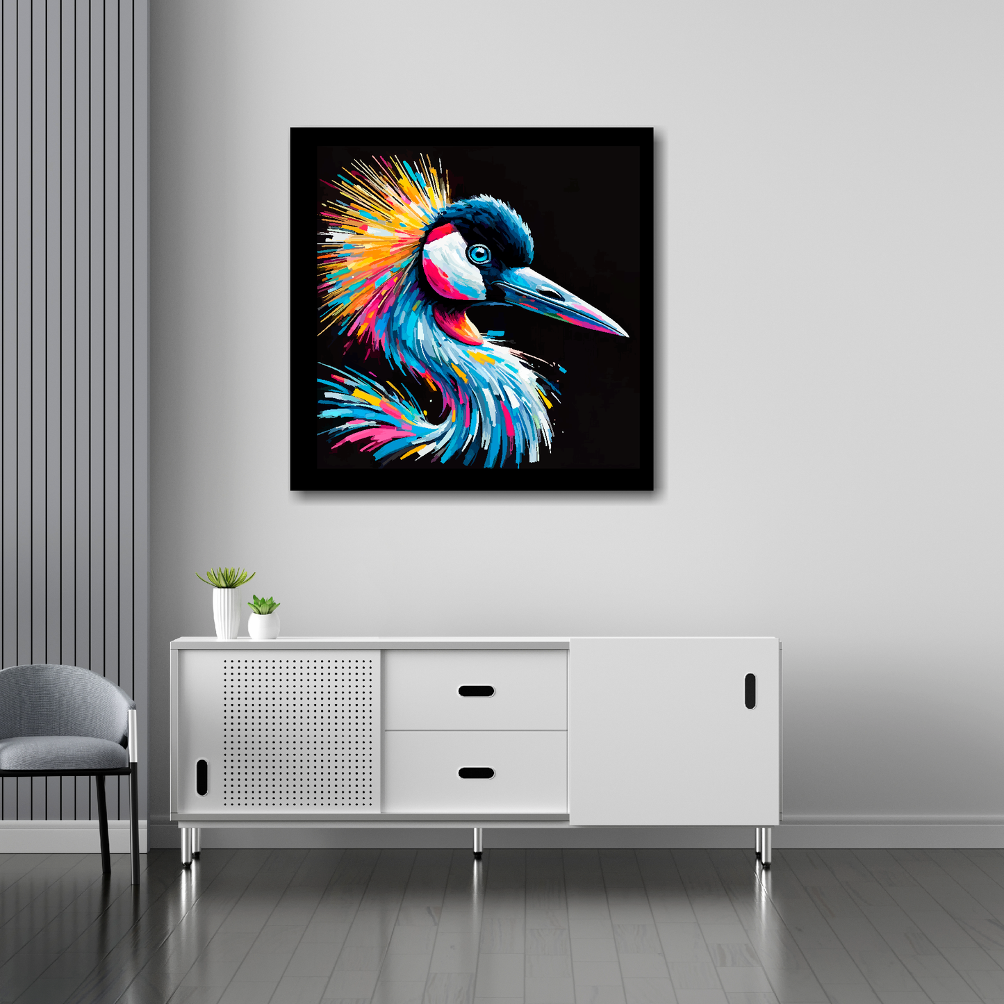30 inch by 30 inch square canvas of a colourful Crane portrait on a black background. Mounted on a white wall above a white sideboard.