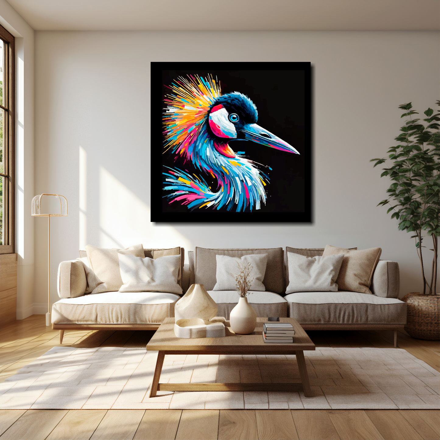 40 inch by 40 inch square canvas of a colourful Crane portrait on a black background. Mounted on a white wall above a cream sofa with decorative pillows.