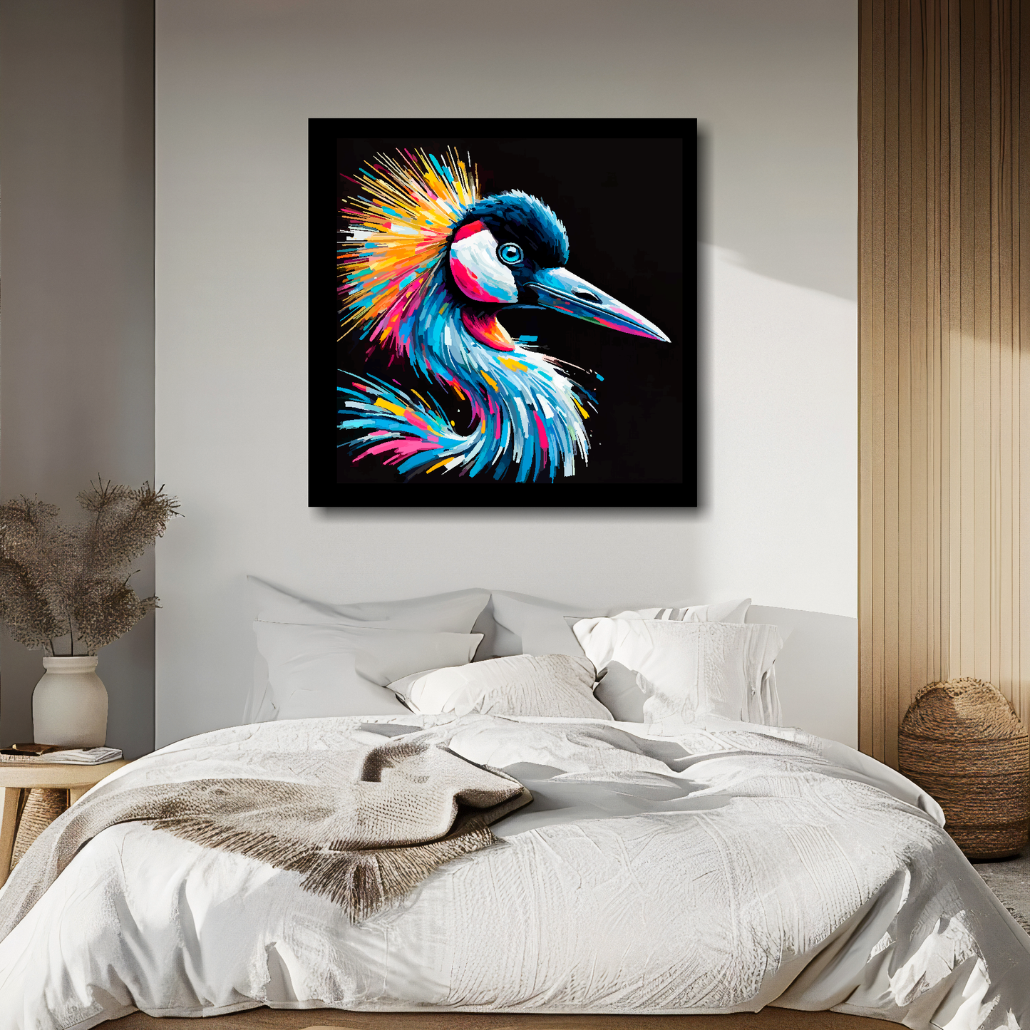 Large canvas wall art - A vibrant multi-coloured head portrait of a Crane. Available in 3 large sizes.